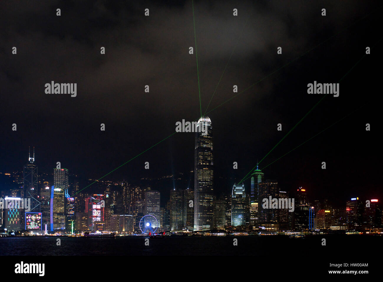 A cityscape view of the buildings along Hong Kong Island at night ...
