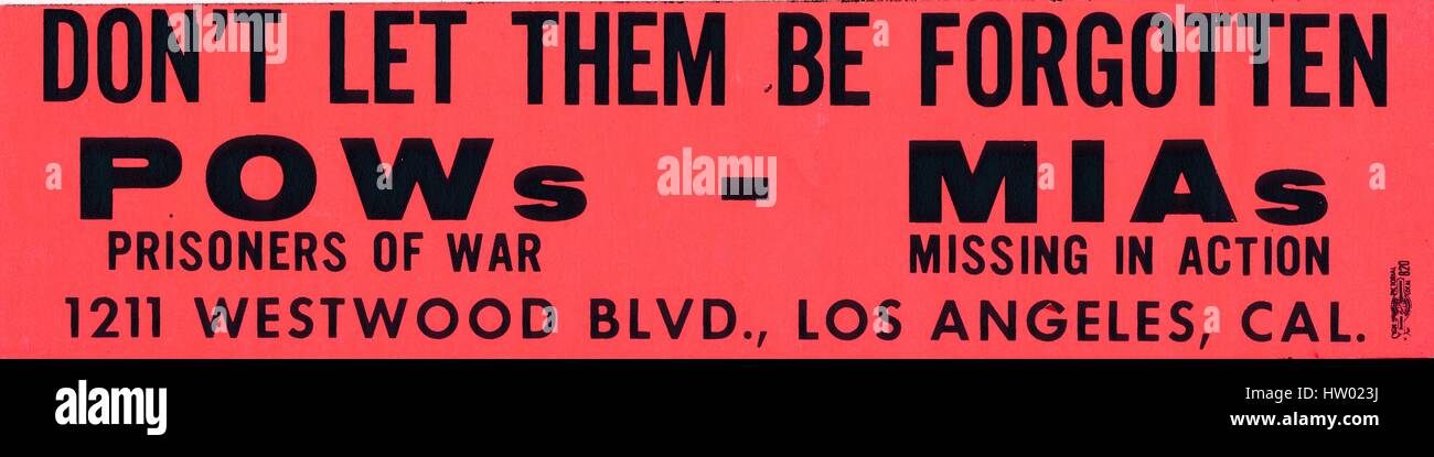Vietnam war era bumpersticker with text advocating for POWS (Prisoners of War) and those MIA (Missing in Action), Los Angeles, California, 1992. Stock Photo