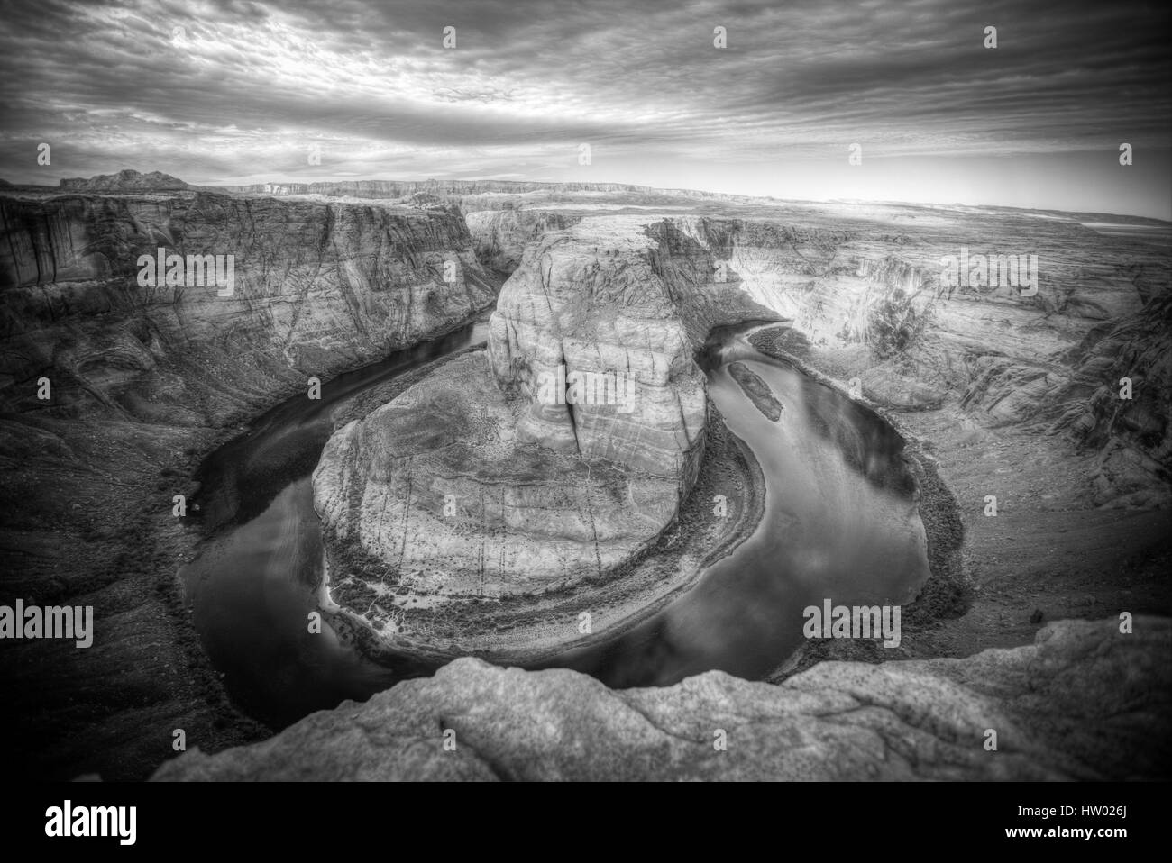 Famous Horseshoe Bend of the Colorado River in northern Arizona. black and white photography Stock Photo