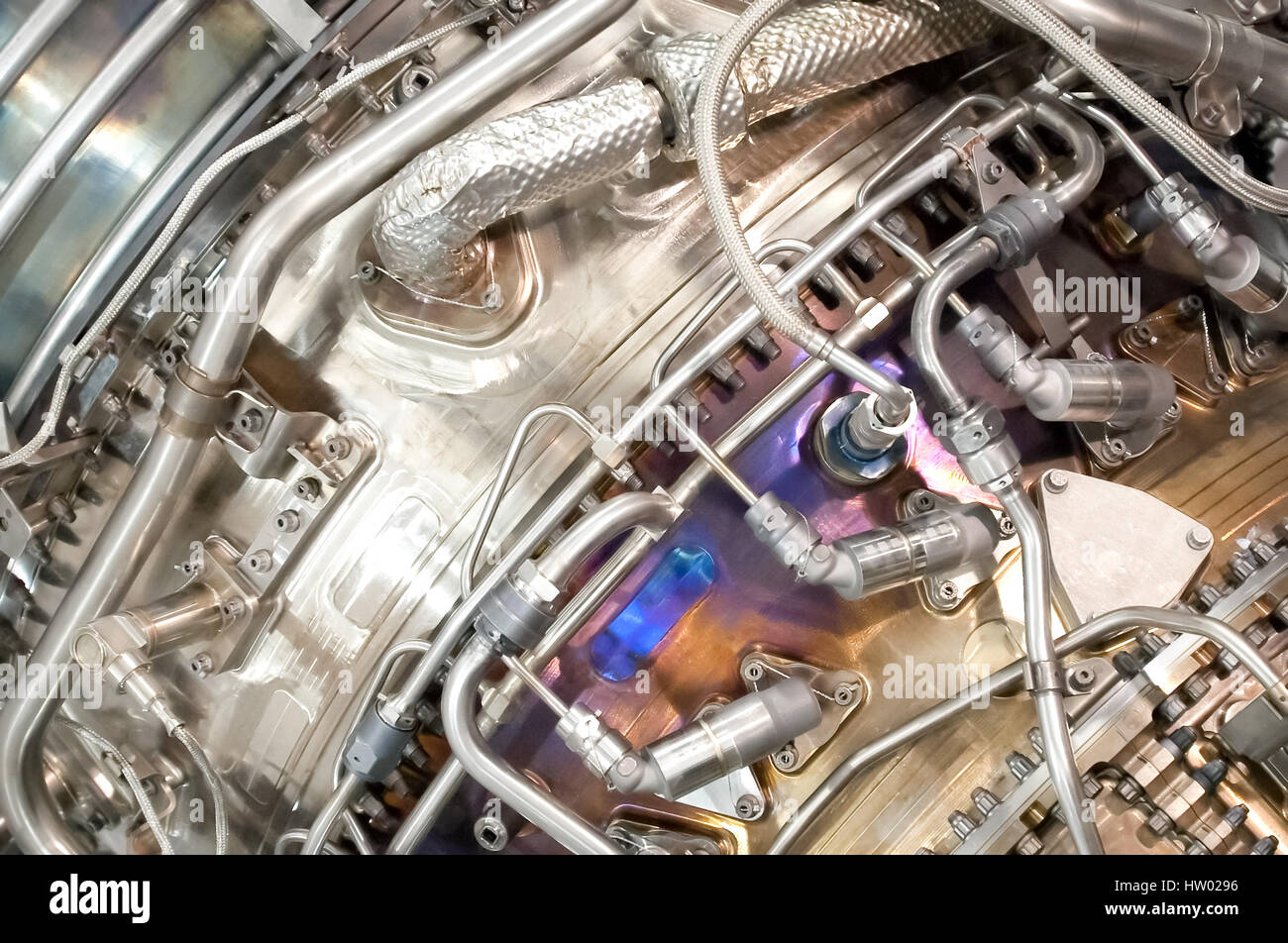 complex hydraulic engineering inside an aviation jet engine Stock Photo