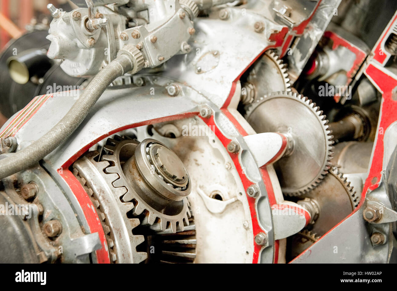 precision mechanics inside a vintage aircraft engine Stock Photo
