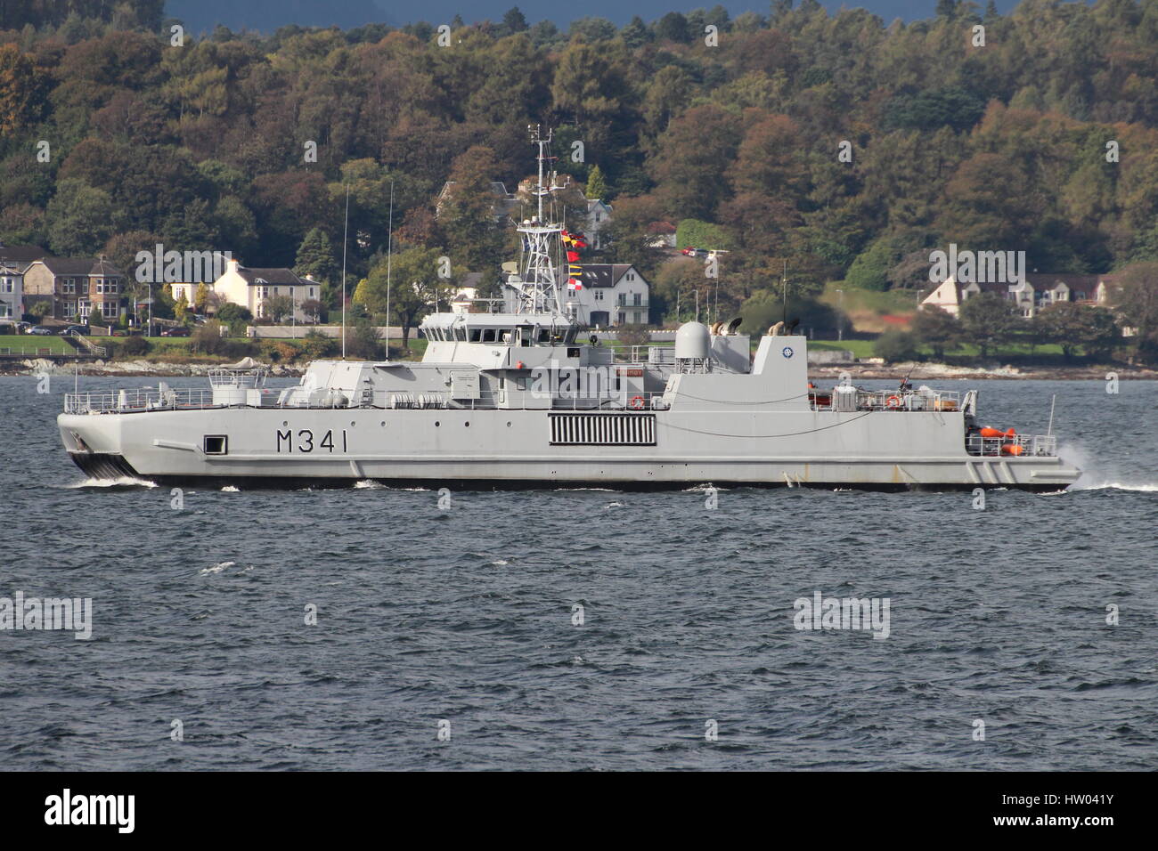 KNM Karmoy (M341), an Oksoy-class minehunter of the Royal Norwegian Navy, at the start of Exercise Joint Warrior 14-2. Stock Photo