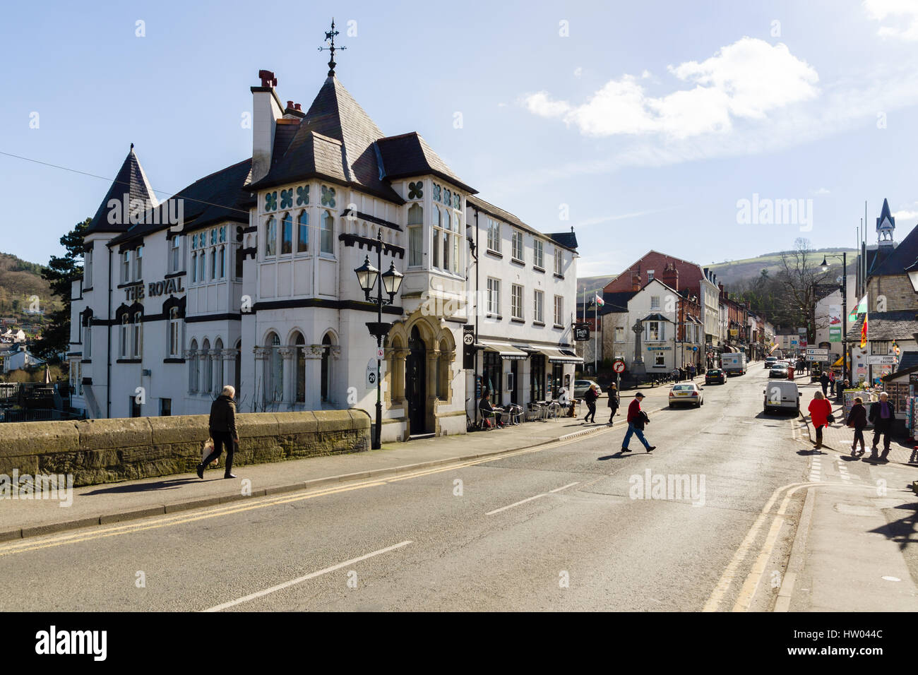 Llangollen showing the Royal Hotel and Castle Street the town is a major gateway into North Wales and a crossing over the River Dee Stock Photo