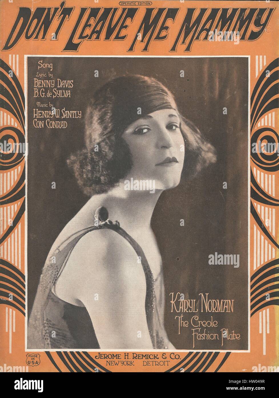 'Don't Leave Me Mammy' 1922 Karyl Norman Female Impersonator Sheet Music Cover Stock Photo