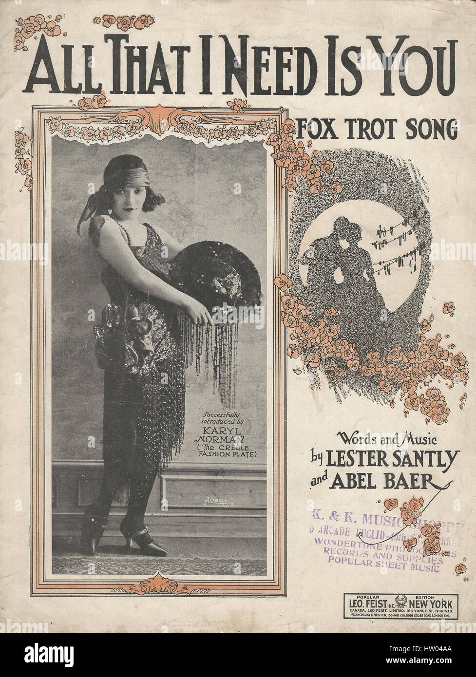 'All That I Need Is You' 1921 Karyl Norman Female Impersonator Sheet Music Cover Stock Photo