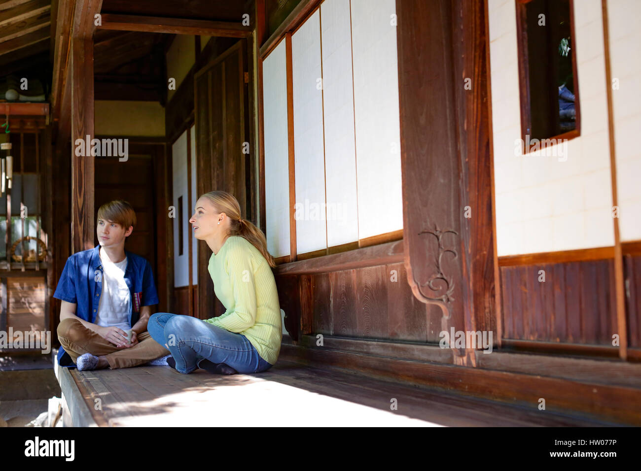 Caucasian couple at traditional Japanese house Stock Photo