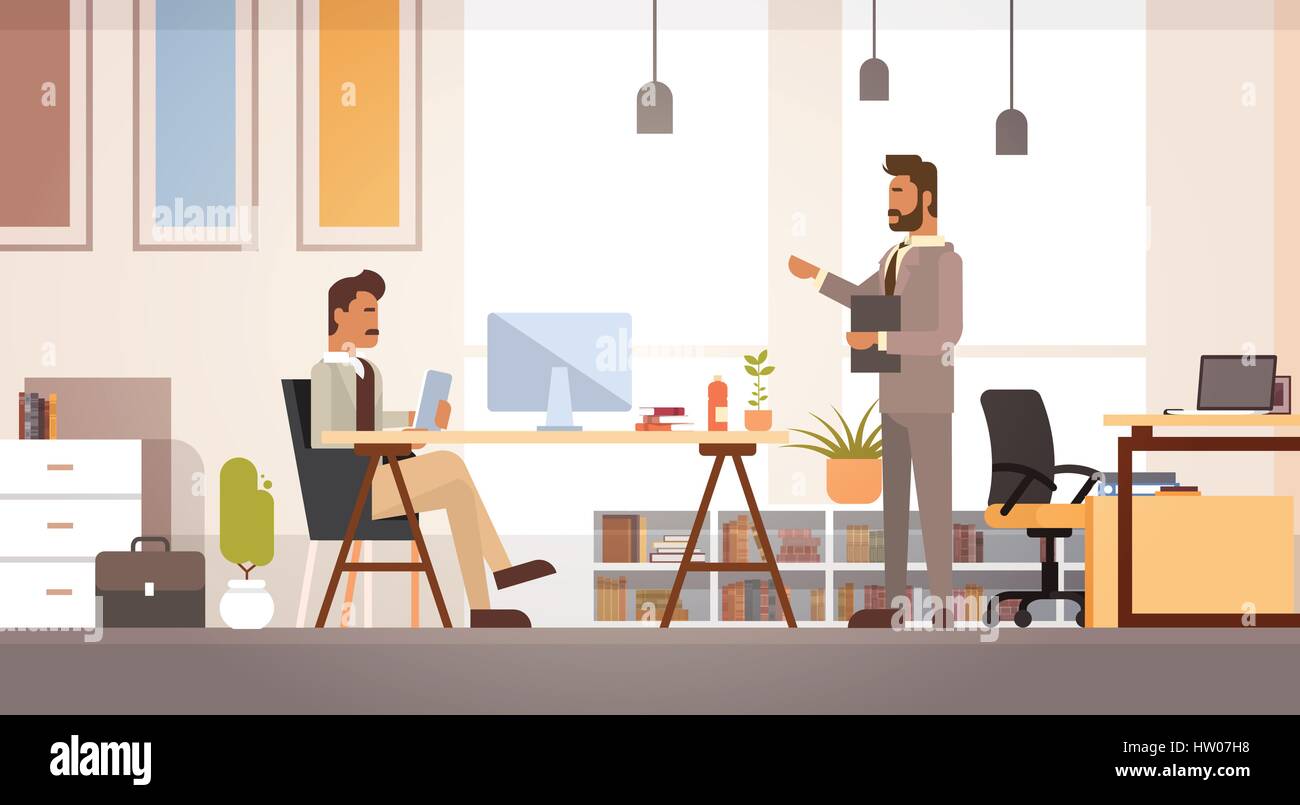 Two Business Man Meeting Discussing Office Desk Businesspeople Working Stock Vector