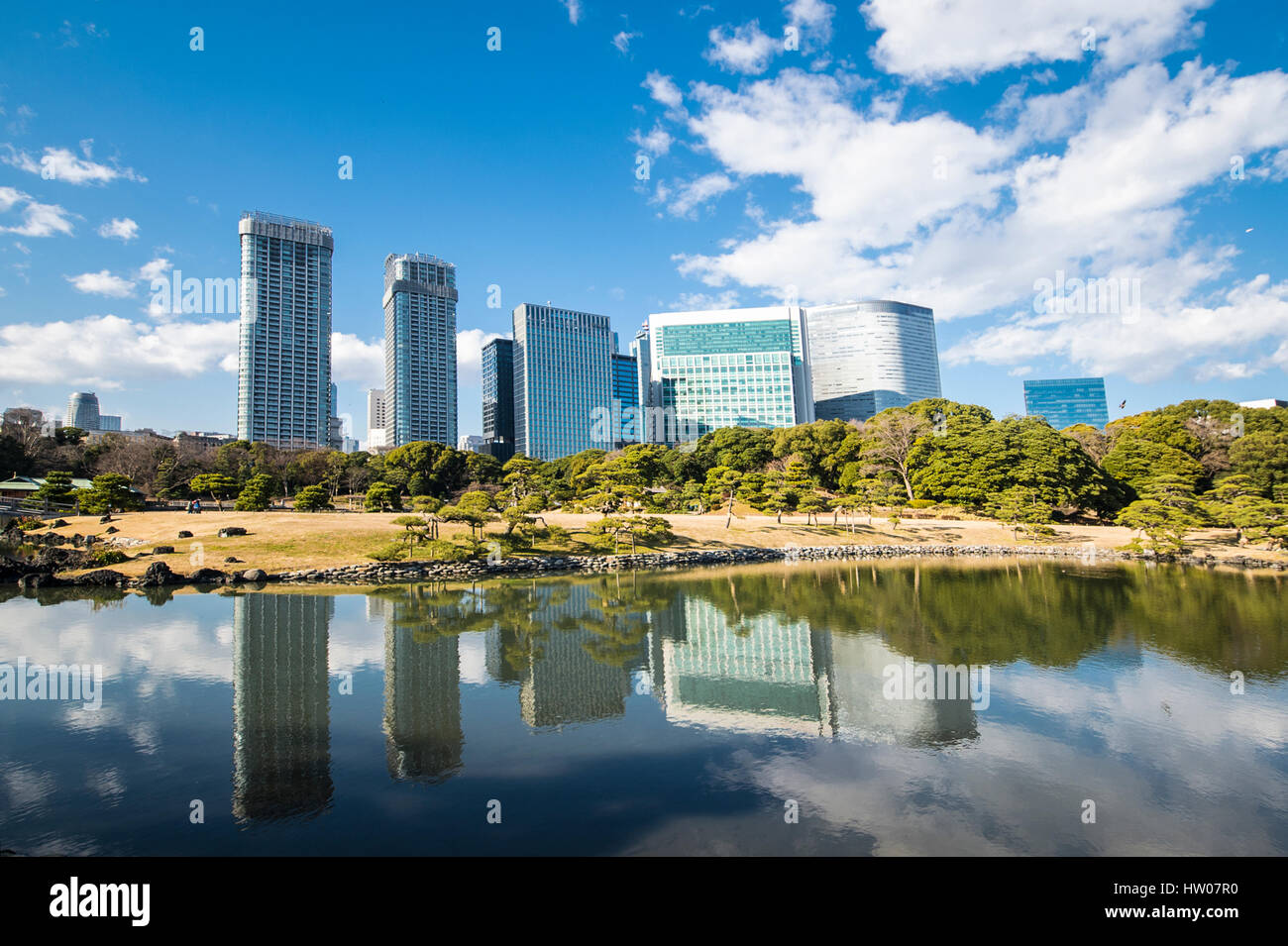 Old and modern architecture. 30 December 2016 Photo taken at the Hamarikyu Gardens, a public park in Tokyo, Japan. Located at the mouth of the Sumida  Stock Photo