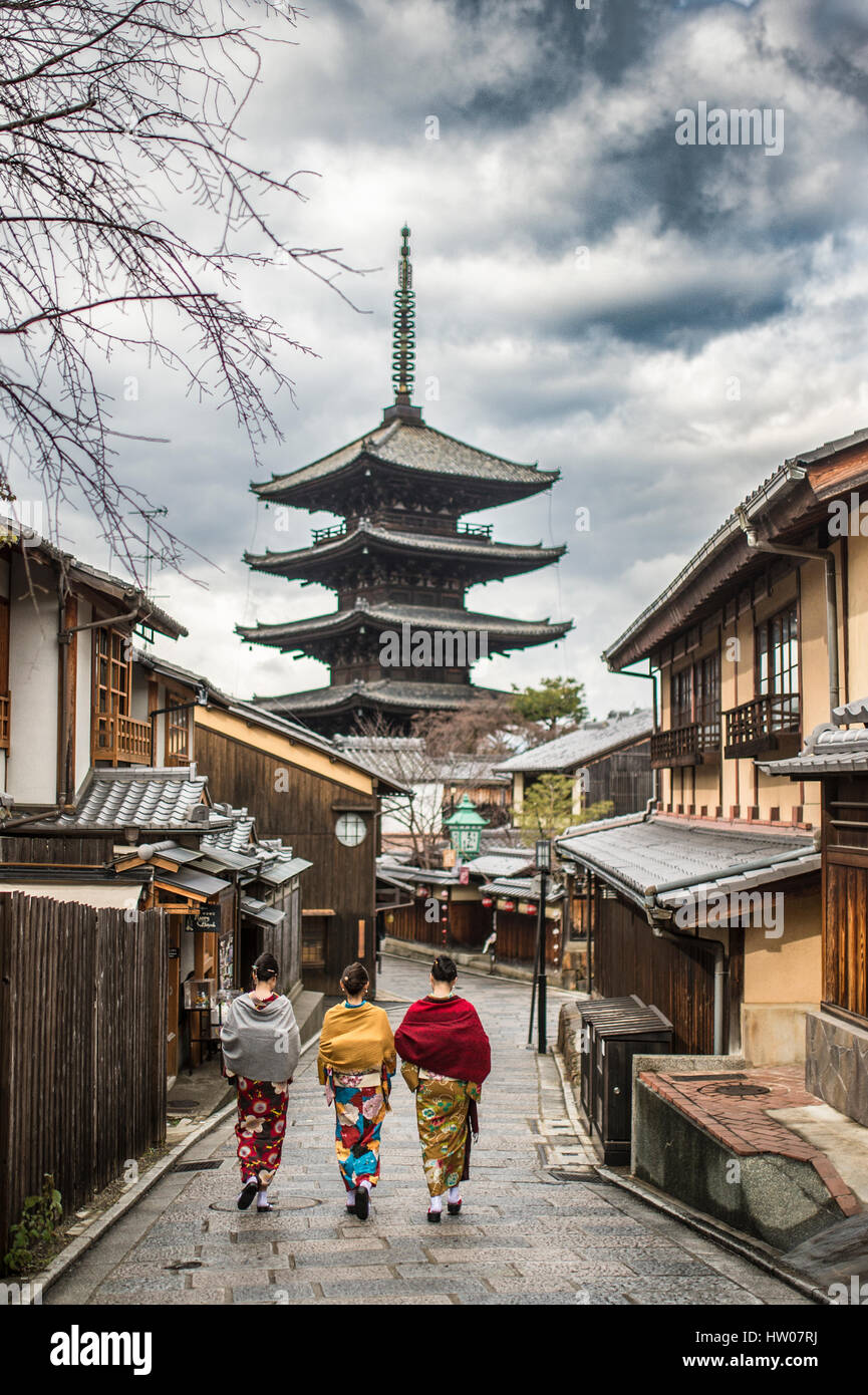 Kyoto, JAPAN-JANUARY 10 2017:  Young woman wearing a kimono walking in Kiyomizu-dera Temple. Kyoto Japan on January 10, 2017 Kiyomizu-dera was founded Stock Photo