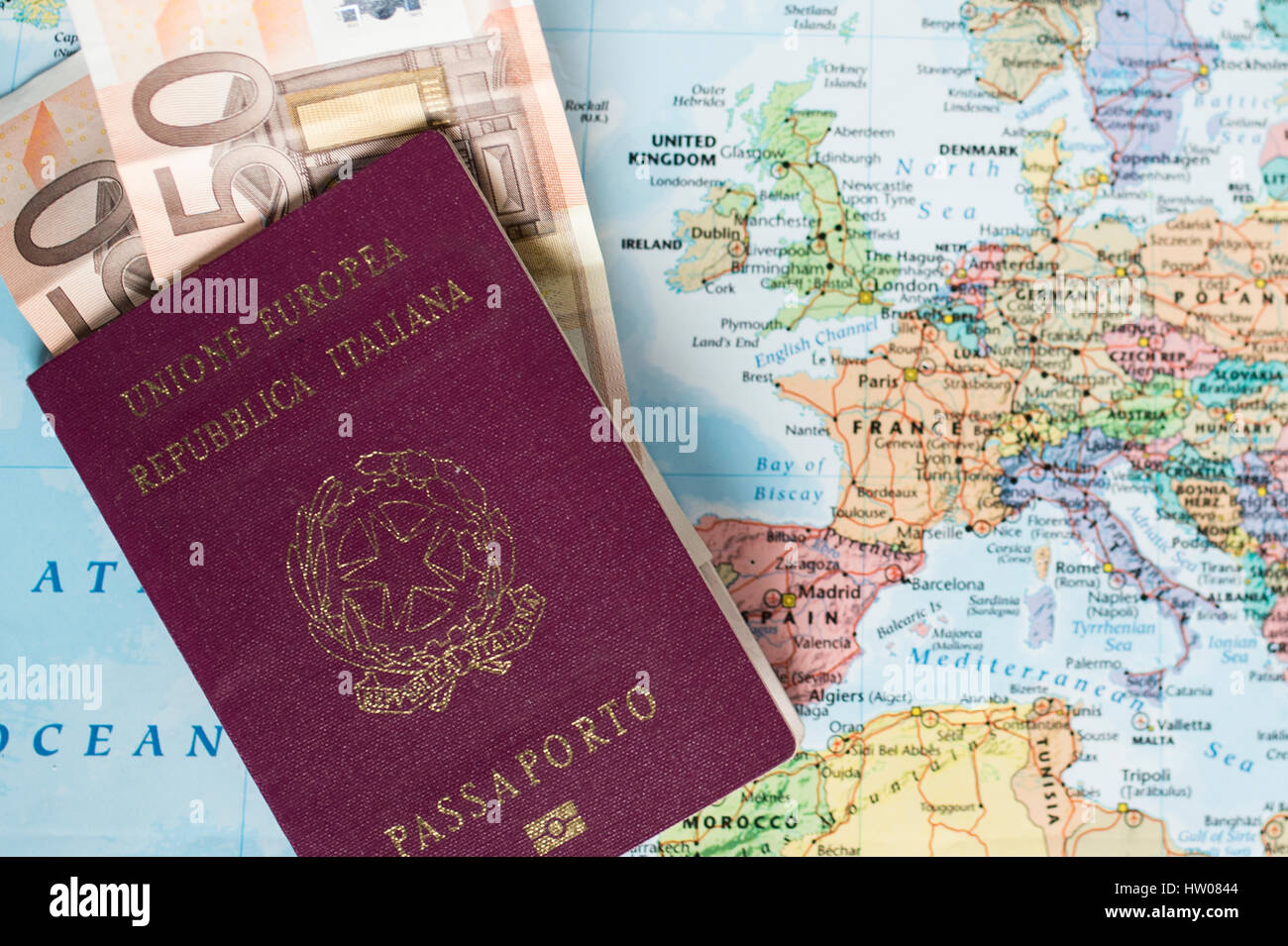 Travel plan concept and preparing to travel , Passport , money, telephone on world map background (Selective Focus) Stock Photo