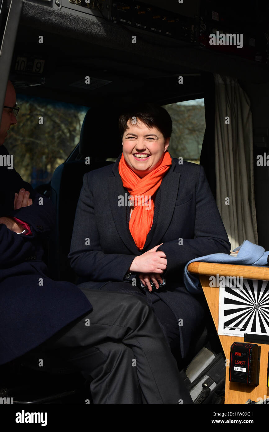 Edinburgh, Scotland, UK. 14th March 2017. Scottish Conservative leader Ruth Davidson waits in a satellite truck outside the Scottish Parliament before giving a TV interview on the day after First Minister Nicola Sturgeon announced she will seek approval to hold another referendum on Scottish independence. Credit: Ken Jack/Alamy Live News Stock Photo