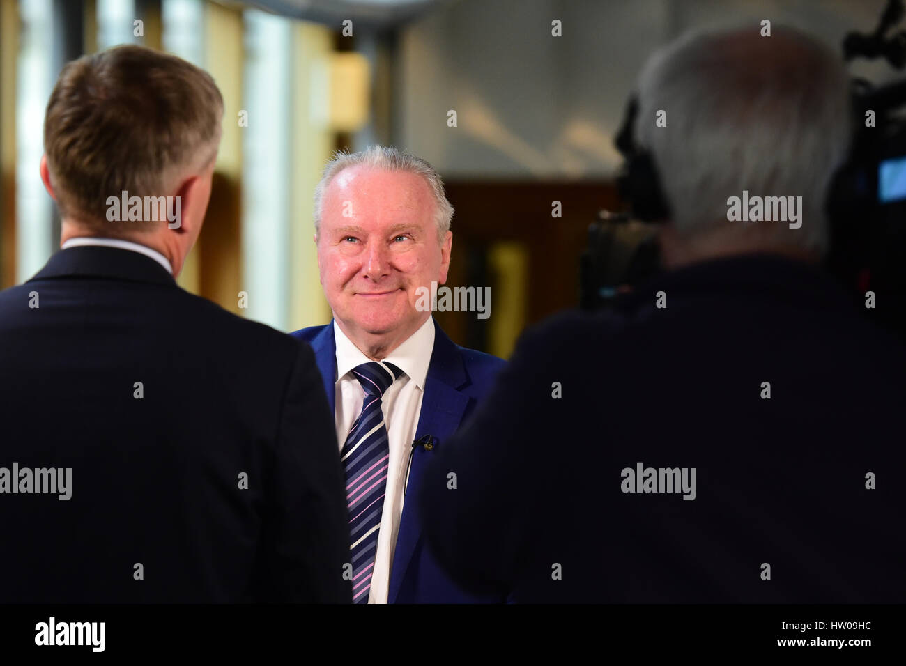 Edinburgh, Scotland, UK. 14th March 2017. SNP MSP Alex Neil, who voted for Brexit, gives a TV interview in the Scottish Parliament on the day after First Minister Nicola Sturgeon announced she will seek approval to hold another referendum on Scottish independence, citing the UK Government's supposed reluctance to make a separate case for Scotland in Brexit negotiations, Credit: Ken Jack/Alamy Live News Stock Photo