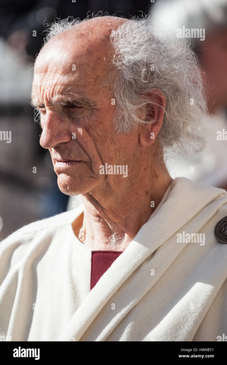 historical re-enactment of the "Ides of March", the 'killing, by some Roman senators, of Gaius Julius Caesar. Aided by his son Brutus. Which took place on the Aventine Hill. Stock Photo