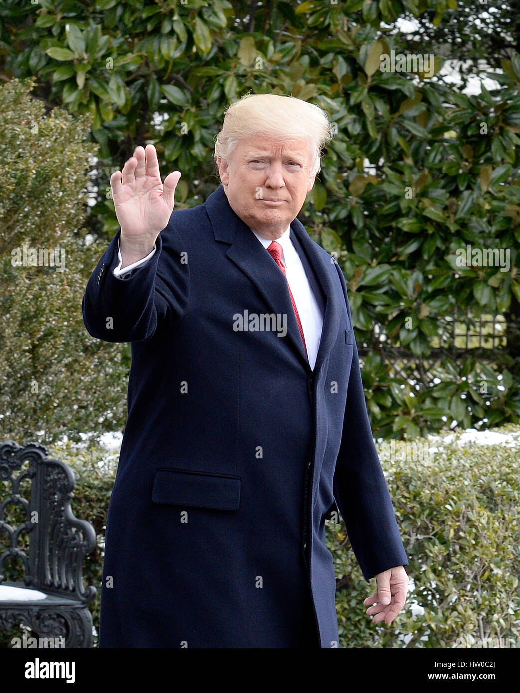 Washington DC, USA 15th March 2017 United States President Donald J Trump walks on the South Lawn of the White House toward Marine One as he departs the White House on March 15, 2017 in Washington, DC The President will attend events in Michigan and Tenne Stock Photo