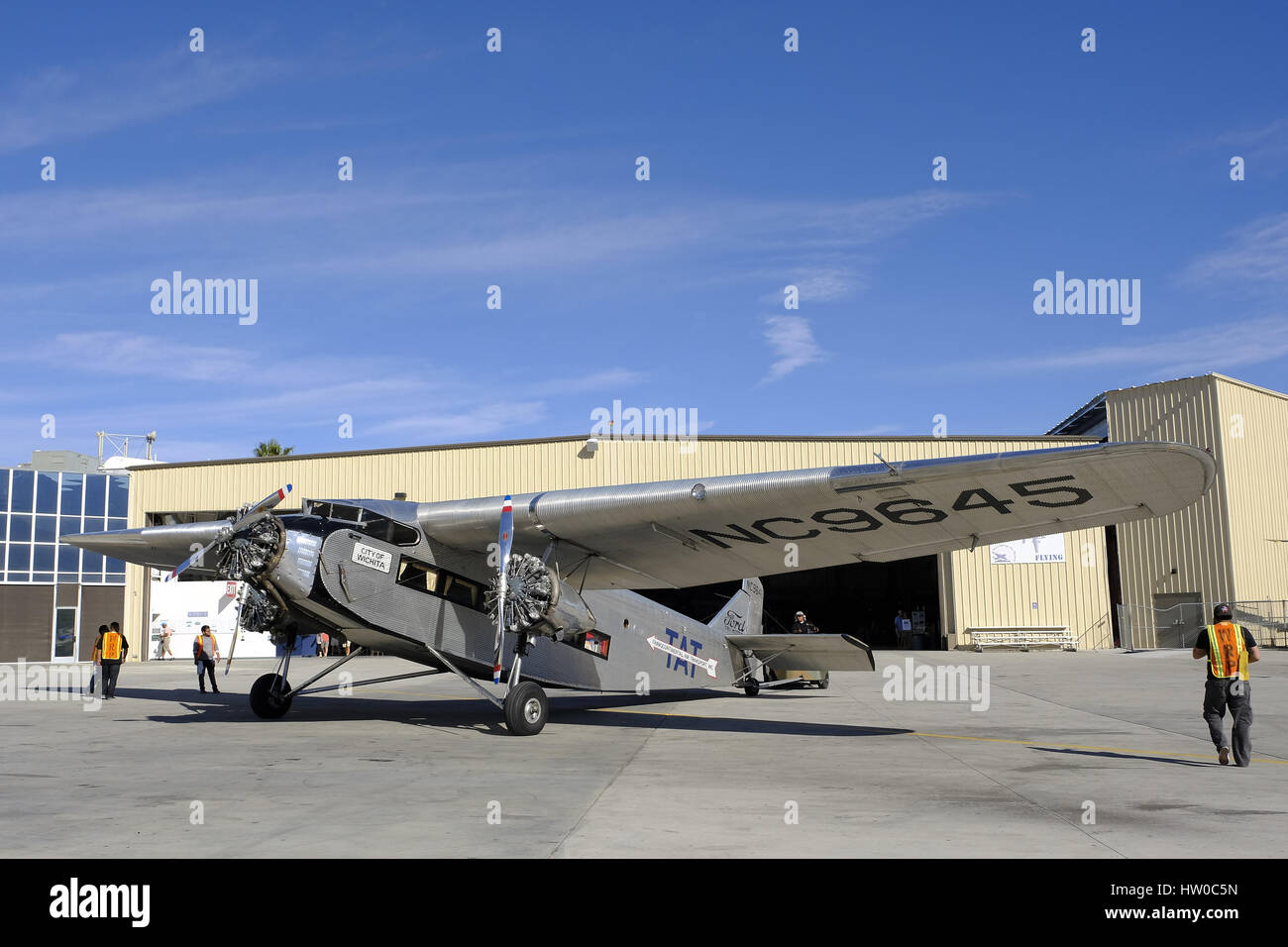 Palm Springs, CA, USA. 11th Mar, 2017. One of the very first passenger aircraft, a 1928 Ford TriMotor arrives at the Palm Springs Air Museum. Credit: Ian L. Sitren/ZUMA Wire/Alamy Live News Stock Photo