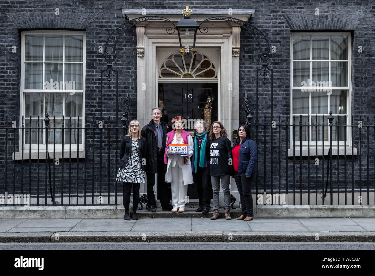 London, UK. 15th Mar, 2017. Bianca Jagger joins Human Rights campaigner Peter Tatchell with Green Party's Jenny Jones to hand in a 159,000-signature petition to Prime Minister Theresa May at 10 Downing Street. The petition, organised by Peter Tatchell, urges the UK government to halt arms sales to Saudi Arabia over its war crimes to Yemen and its jailing of blogger Raif Badawi and other political prisoners. Credit: Guy Corbishley/Alamy Live News Stock Photo