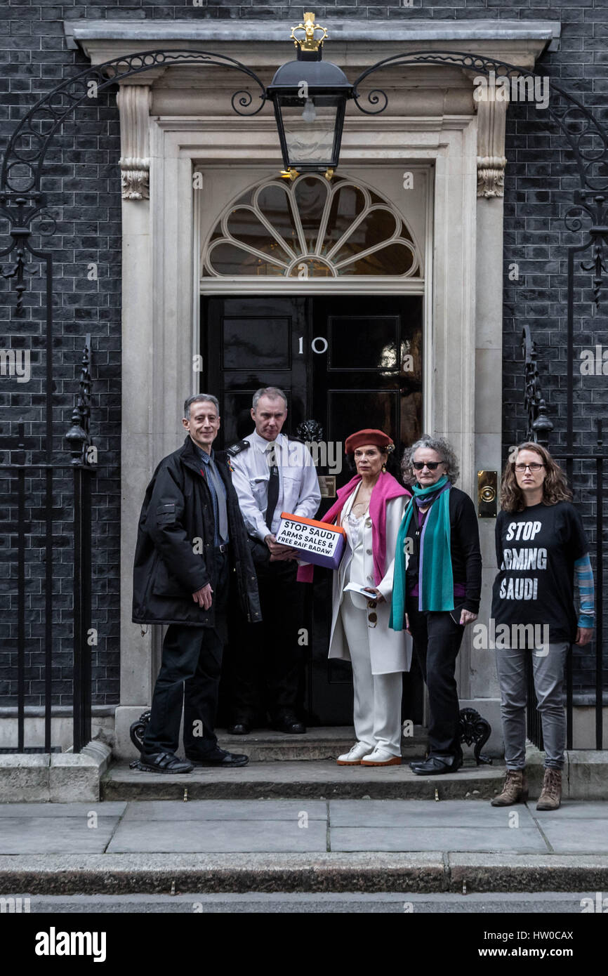 London, UK. 15th Mar, 2017. Bianca Jagger joins Human Rights campaigner Peter Tatchell with Green Party's Jenny Jones to hand in a 159,000-signature petition to Prime Minister Theresa May at 10 Downing Street. The petition, organised by Peter Tatchell, urges the UK government to halt arms sales to Saudi Arabia over its war crimes to Yemen and its jailing of blogger Raif Badawi and other political prisoners. Credit: Guy Corbishley/Alamy Live News Stock Photo