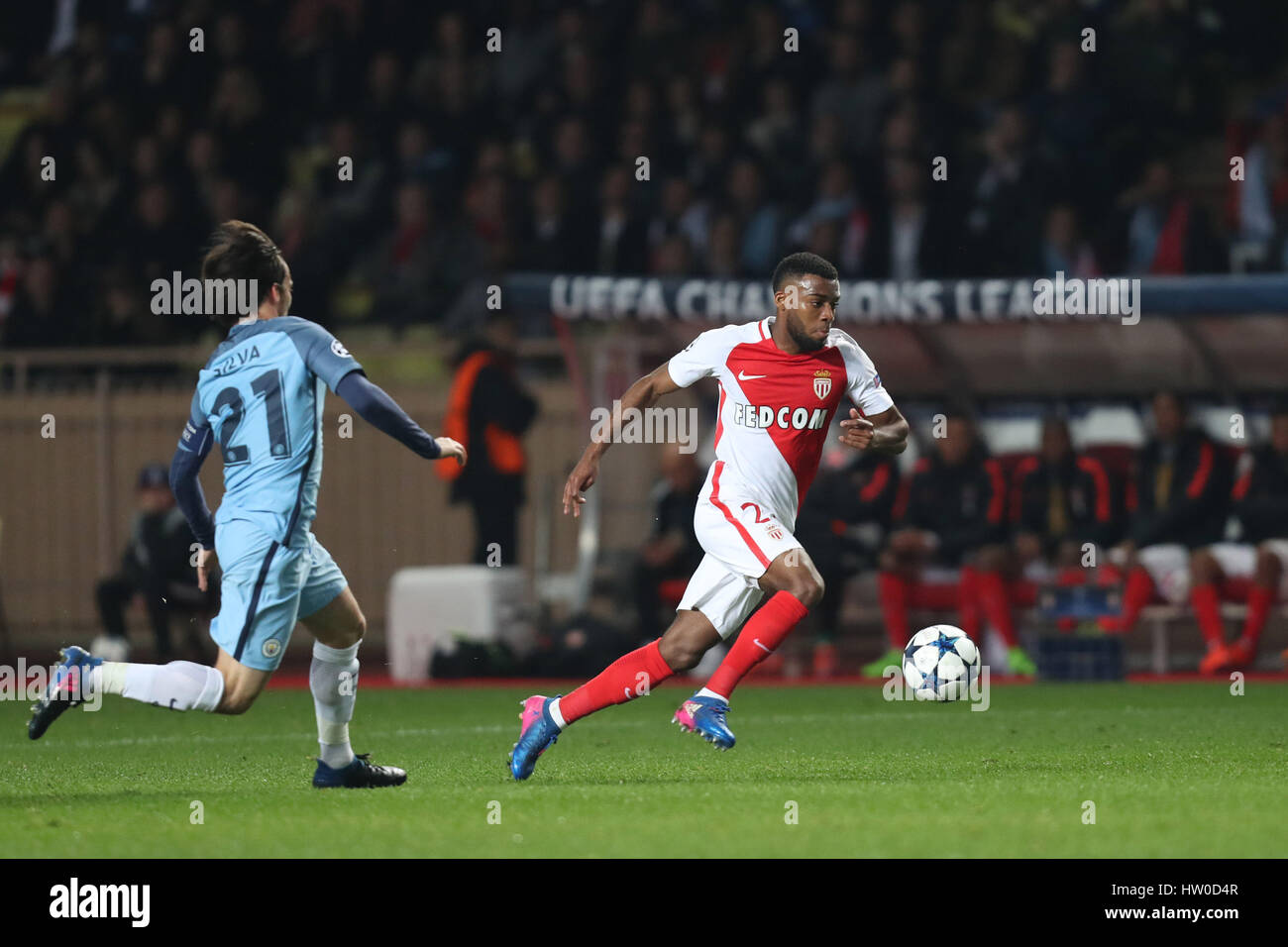 Monaco. 15th Mar, 2017. THOMAS LEMAR of Monaco evades DAVID SILVA of Manchester City during the UEFA Champions League, round of 16, 2nd leg football match between AS Monaco and Manchester City on March 15, 2017 at Louis II stadium in Monaco. Credit: Manuel Blondeau/ZUMA Wire/Alamy Live News Stock Photo