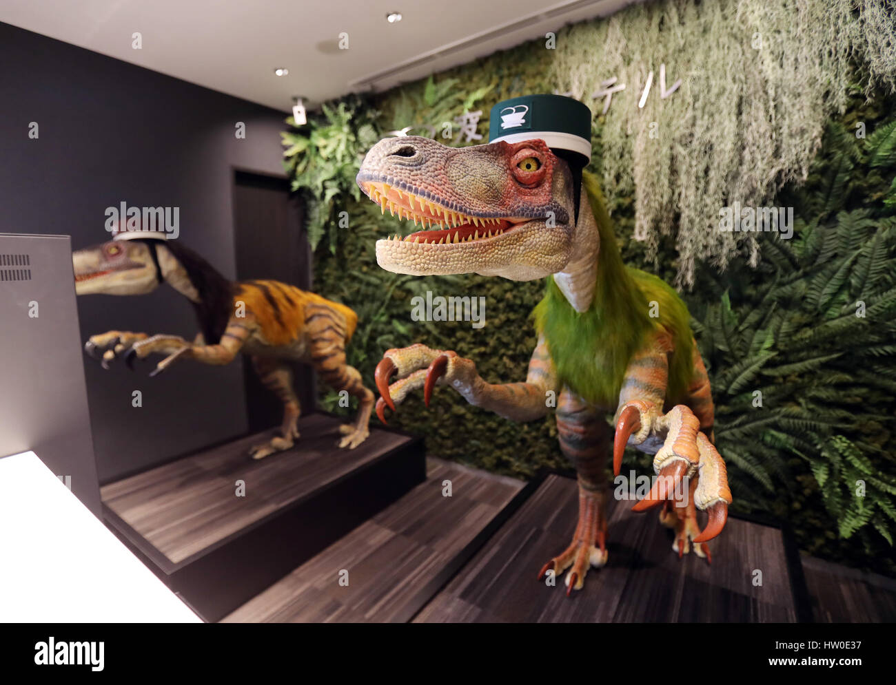 Tokyo, Japan. 15th March 2017. Urayasu, Japan. 15th Mar, 2017. Dinosaur robots greet guests at a reception of the newly opened 'Henn na Hotel' (Strange hotel) near Tokyo Disney Resort in Urayasu, suburban Tokyo on Wednesday, March 15, 2017. Japan's travel agency H.I.S runs the Henn na Hotel which has only seven human employees while nine types 140 robot staffs work at the 100-room six-storey hotel. Credit: Aflo Co. Ltd./Alamy Live News Stock Photo