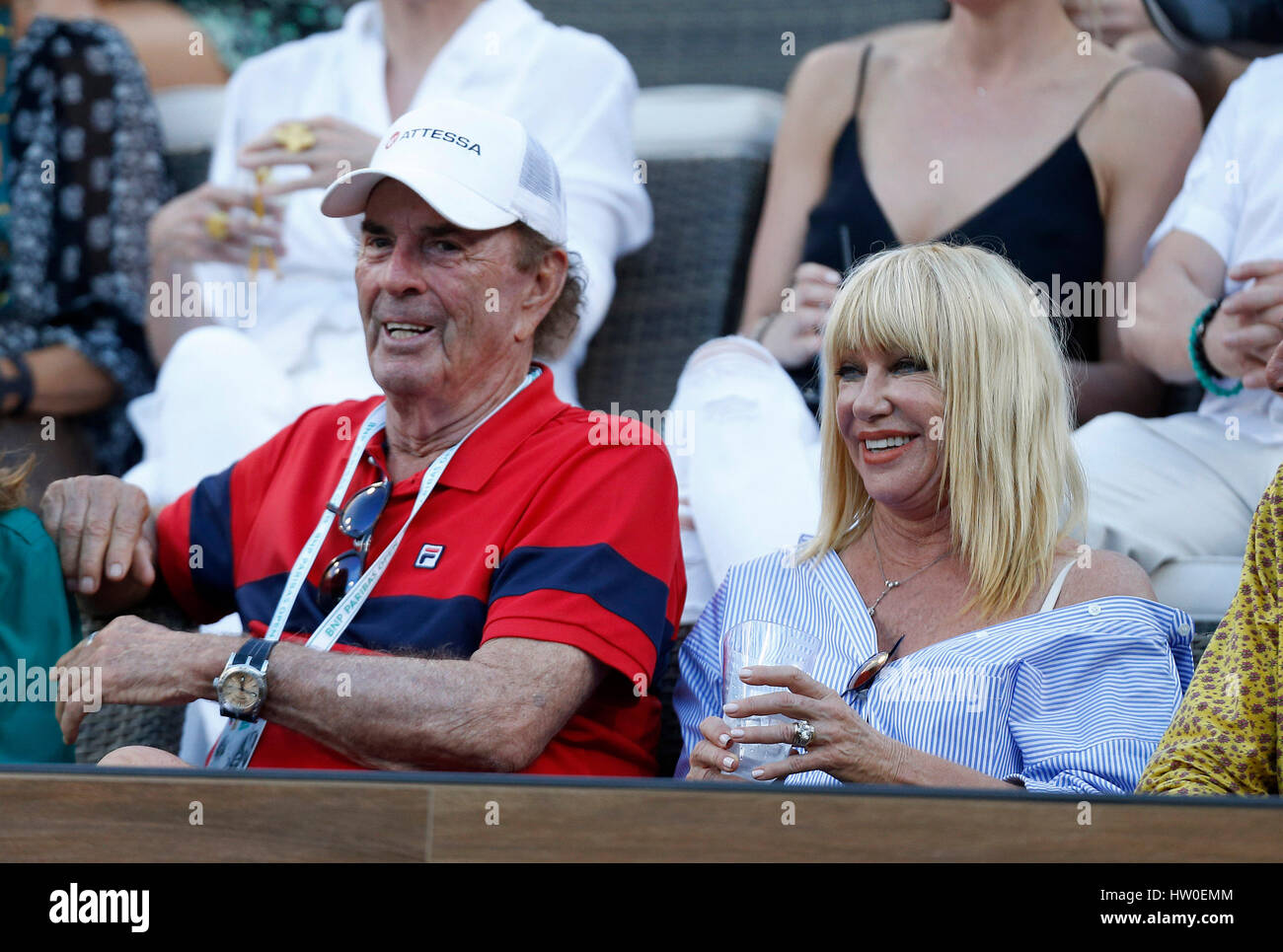 Indian Wells, California, USA. 15th March, 2017. Actress Suzanne Somers watches the tennis match between Rafael Nadal of Spain and Roger Federer of Switzerland during the 2017 BNP Paribas Open at Indian Wells Tennis Garden in Indian Wells, California. Charles Baus/CSM Credit: Cal Sport Media/Alamy Live News Stock Photo