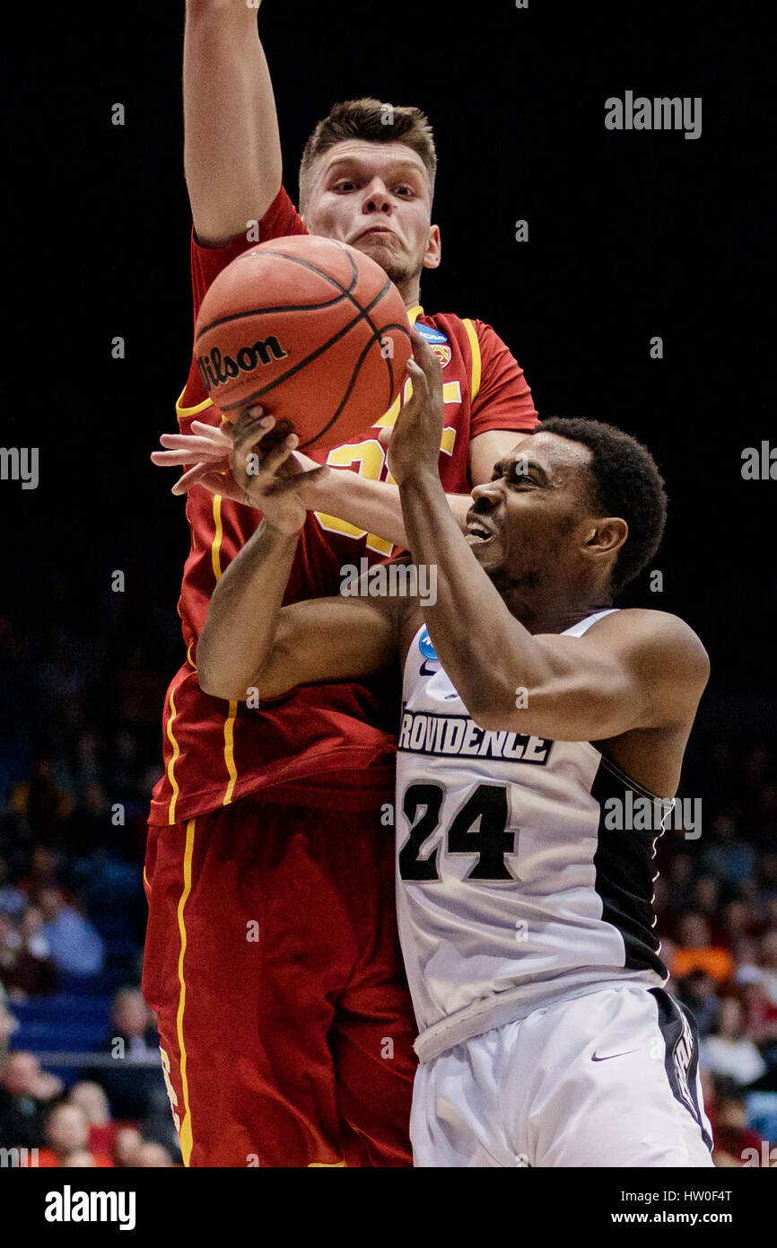 March 15th, 2017: USC Trojans forward Nick Rakocevic (31) attempts a block on Providence Friars guard Kyron Cartwright (24) shot during the NCAA first four basketball game action between the Providence Friars and the USC Trojans at University of Dayton Arena, Dayton, OH. USC won 75-71 to advance to the NCAA tournament. Photo by Adam Lacy/Cal Sport Media Stock Photo