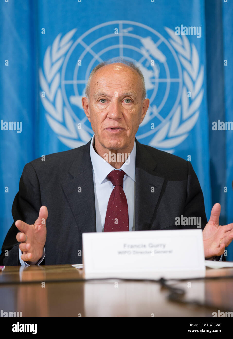 Geneva, Switzerland. 15th Mar, 2017. World Intellectual Property Organization (WIPO) Director General Francis Gurry addresses a press conference in Geneva, Switzerland, March 15, 2017. Francis Gurry on Wednesday lauded China's strong performance in international patent and trademark filing. The WIPO revealed that China filed 43,168 applications under the organization's patent cooperation treaty (PCT) in 2016, up from 29,839 two years ago. Credit: Xu Jinquan/Xinhua/Alamy Live News Stock Photo