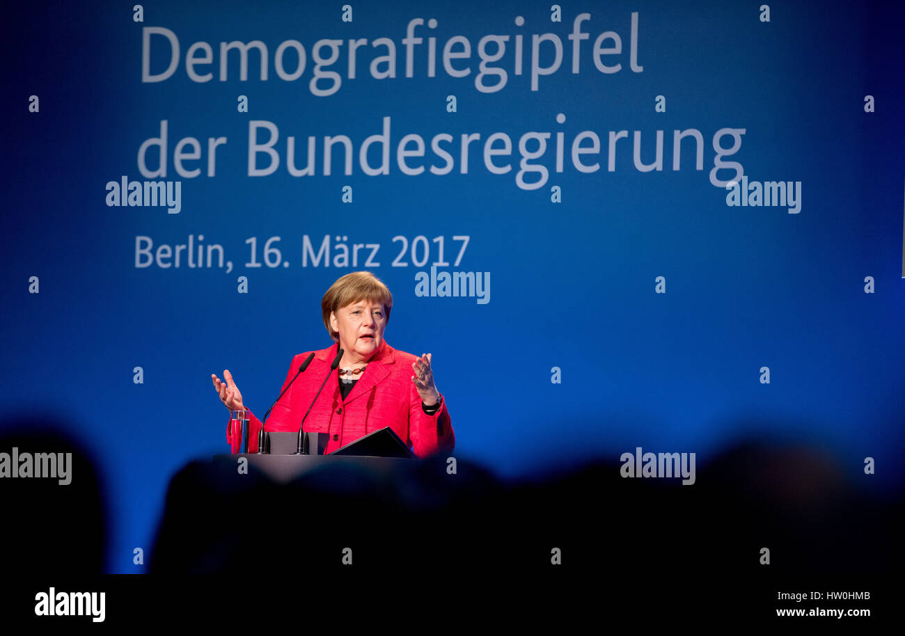 Berlin, Germany. 16th Mar, 2017. German Chancellor Angela Merkel (CDU) speaks at the demographic summit of the federal government in Berlin, Germany, 16 March 2017. 'Zusammenhalt staerken - Verantwortung uebernehmen' (lit. 'Strengthen solidatiry - take over resposibility') is the motto of the event. Photo: Kay Nietfeld/dpa/Alamy Live News Stock Photo