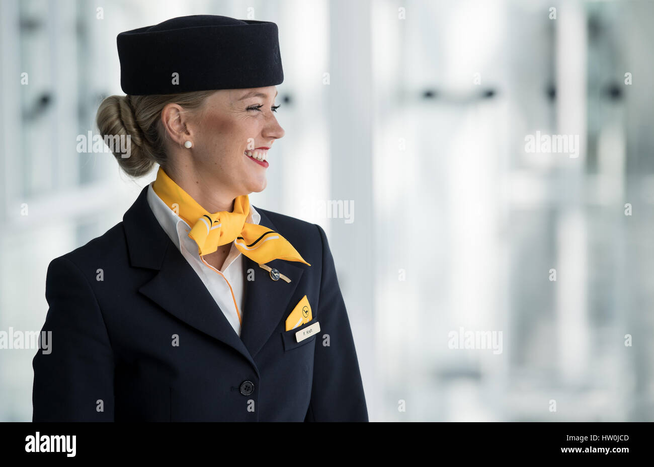 Munich, Germany. 16th Mar, 2017. A stewardess of Deutsche Lufthansa AG photographed at the balance press conference of the company at the airport in Munich, Germany, 16 March 2017. Photo: Sven Hoppe/dpa/Alamy Live News Stock Photo
