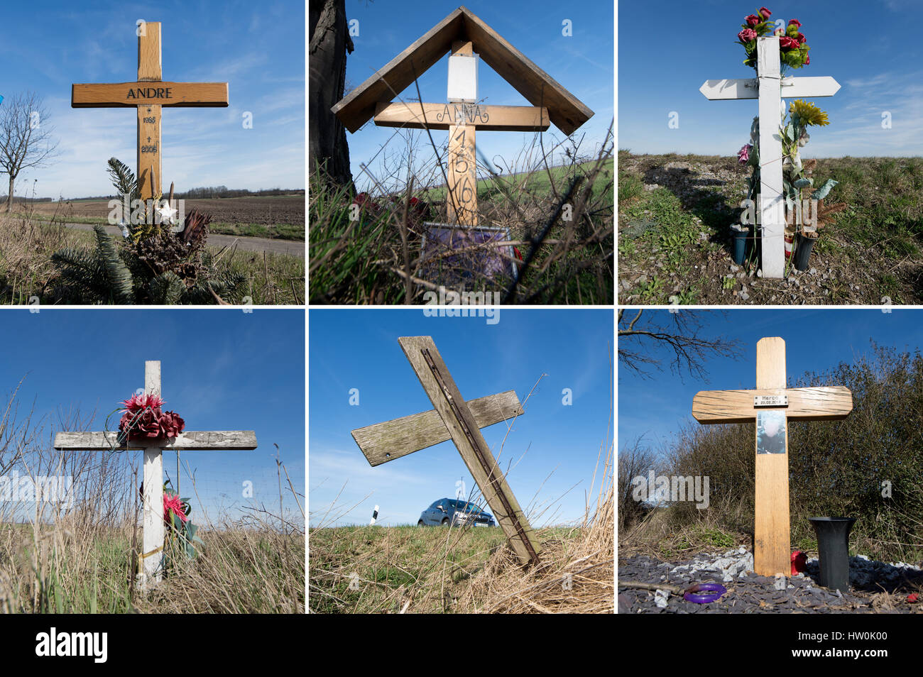 Hanover, Germany. 16th Mar, 2017. COMBO - Wooden crosses remembering traffic casualties at state roads in Algermissen (top l), Pattensen (top c, bottom l, bottom r) and Sehnde (top r, bottom c) in the district of Hildesheim and the region of Hanover, Germany, 16 March 2017. 418 people died on the streets in Lower Saxony in 2016, 39 less than in the previous year. The number of injuries went down by one percent to roughly 43,000. ATTENTION: The photo of the traffic victim on the bottom right was blurred for legal reasons. Photo: Julian Stratenschulte/dpa/Alamy Live News Stock Photo