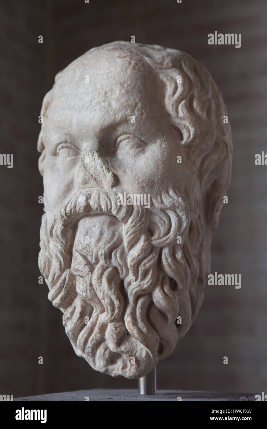 Head of Classical Greek philosopher Socrates (469-399 BC). Roman copy after a Greek original by Lysippos from about 330 BC on display in the Glyptothek Museum in Munich, Bavaria, Germany. Stock Photo