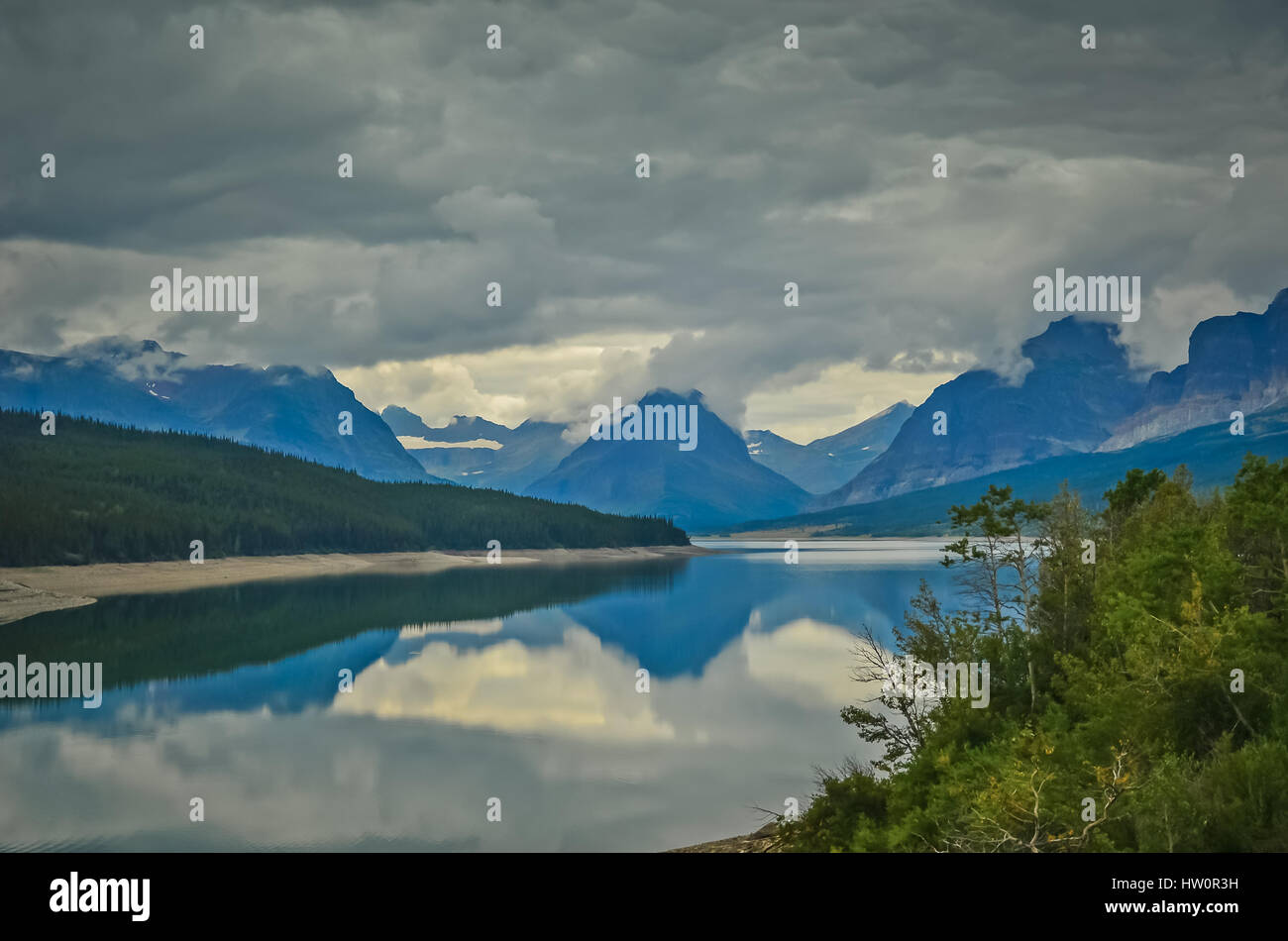 Swiftcurrent Lake & Many Glaciers Lodge in Glacier National Park, Montana, USA Stock Photo
