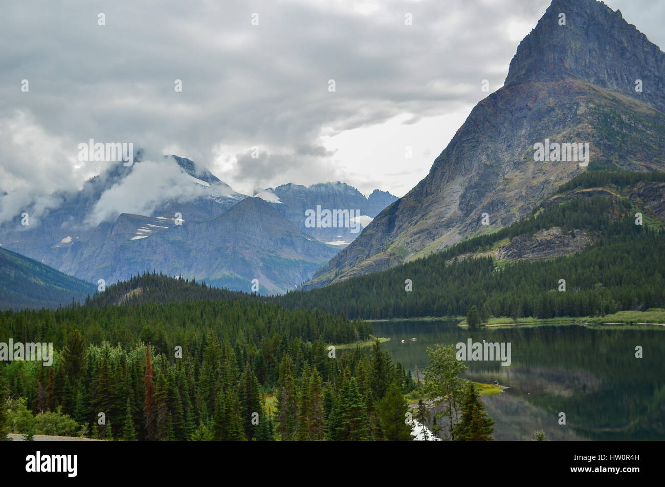 Swiftcurrent Lake & Many Glaciers Lodge in Glacier National Park, Montana, USA Stock Photo