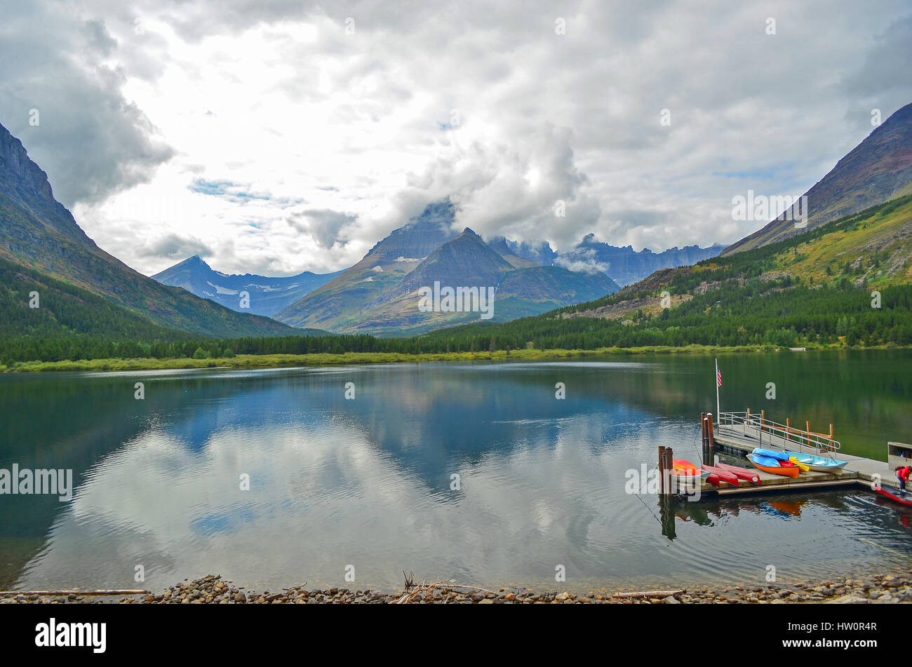 Swiftcurrent Lake & Many Glaciers Lodge in Glacier National Park, Montana, USA Stock Photo