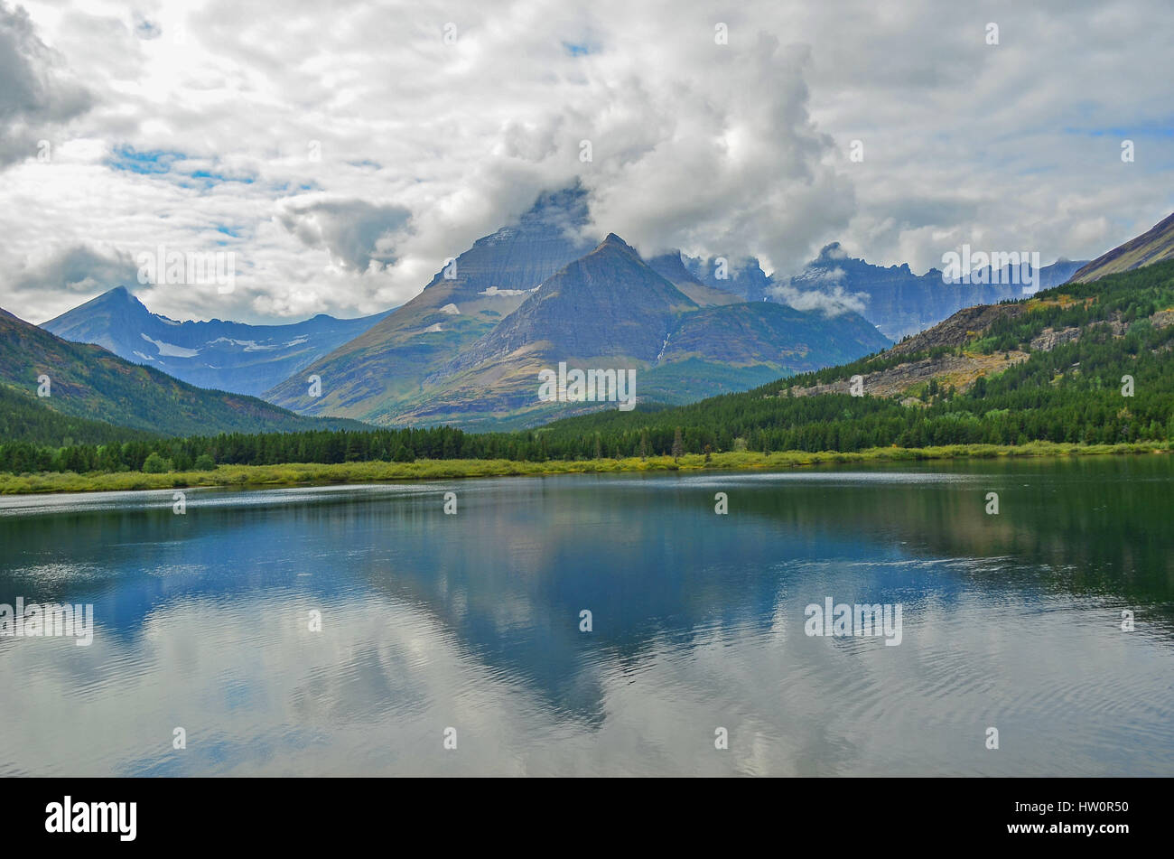 Swiftcurrent Lake & Many Glaciers Lodge in Glacier National Park, Montana, USA Stock Photo
