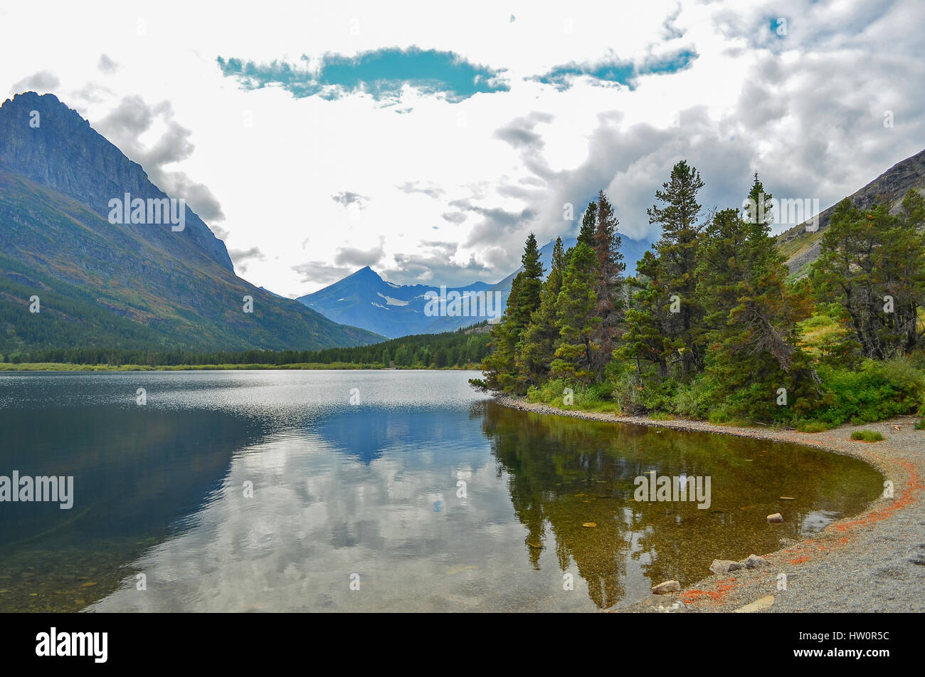 Swiftcurrent Lake & Many Glaciers Lodge in Glacier National Park, Montana, USA Stock Photo