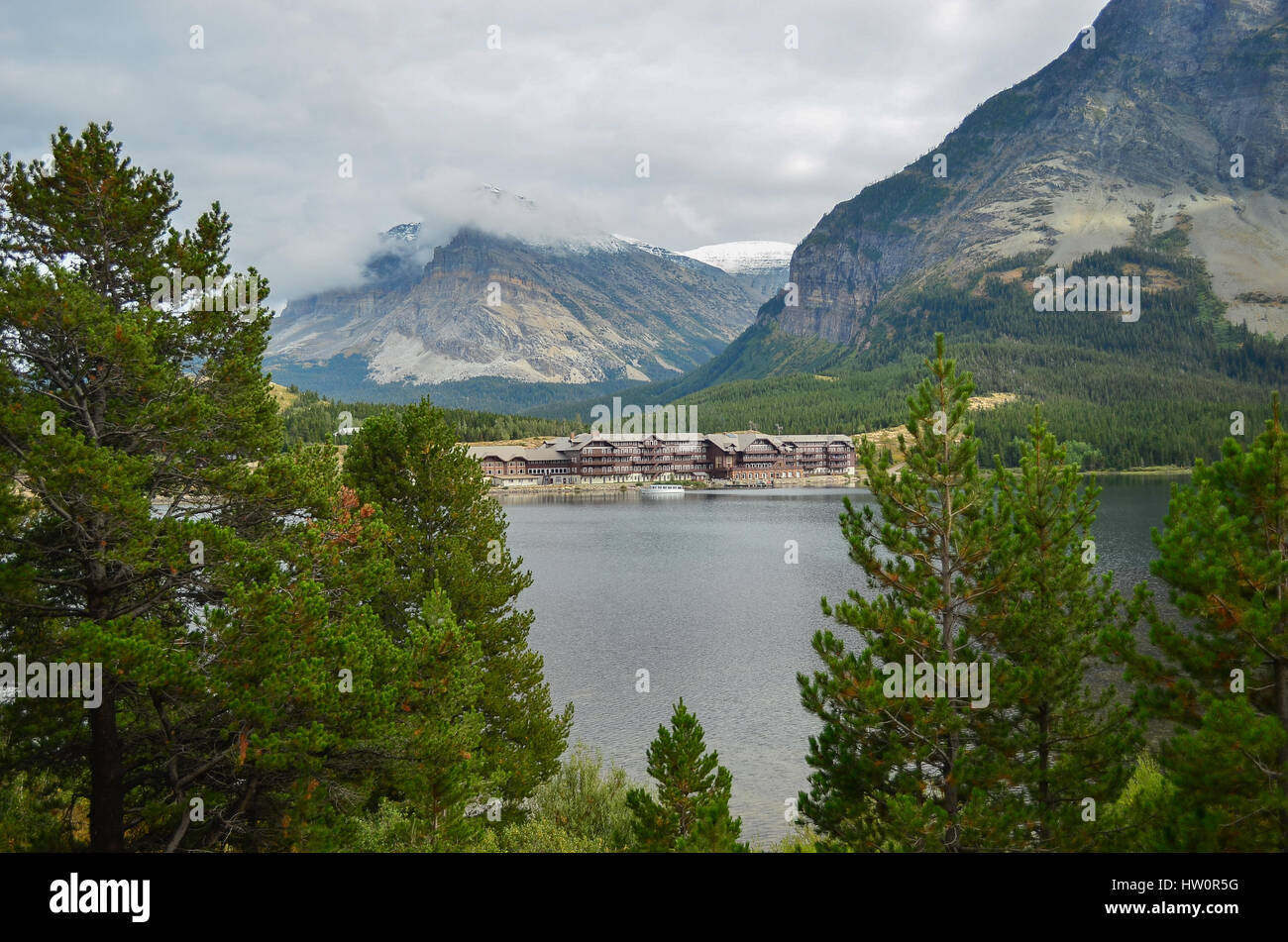 Swiftcurrent Lake & Many Glaciers Lodge in Glacier National Park, Montana, USA Stock Photo