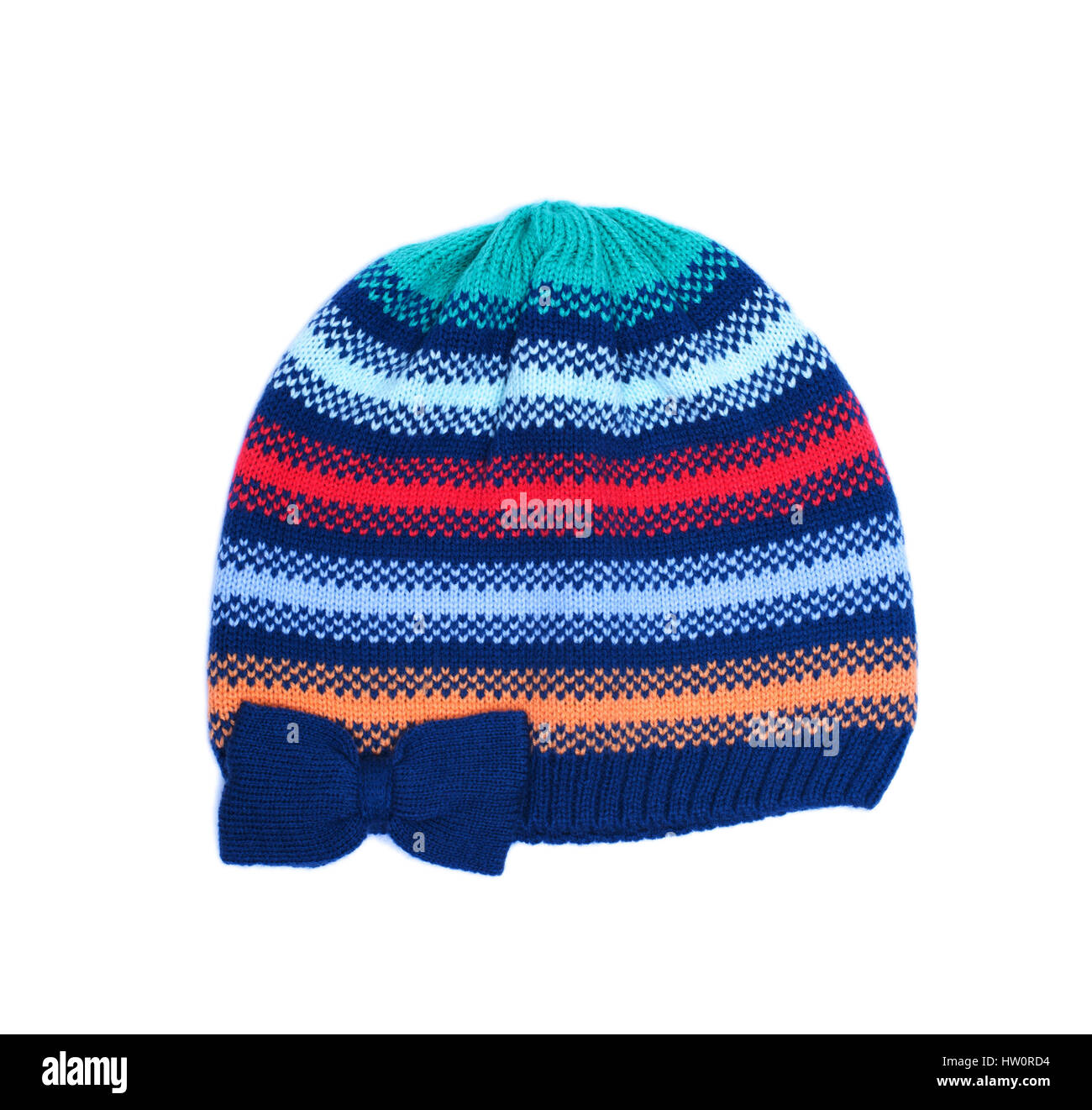 Colorful striped knitted wool hat isolated on white background Stock