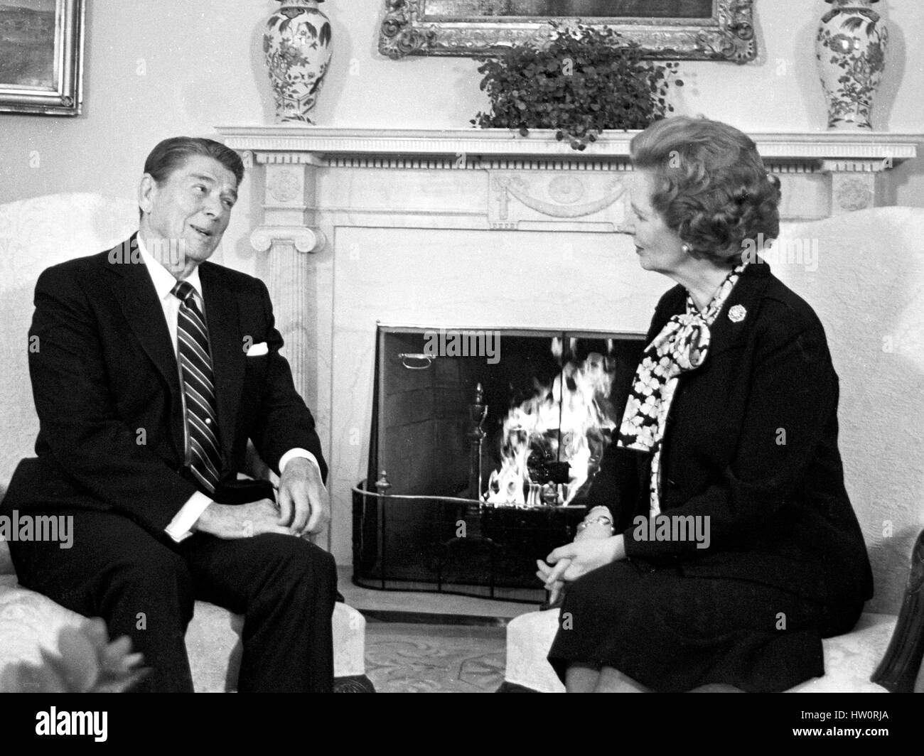United States President Ronald Reagan and Prime Minister Margaret Thatcher of Great Britain meet in the Oval Office of the White House in Washington, D.C on Wednesday, February 20, 1985 Their meeting lasted 2 hours Thatcher died from a stroke at 87 on Monday, April 8, 2013.. Stock Photo