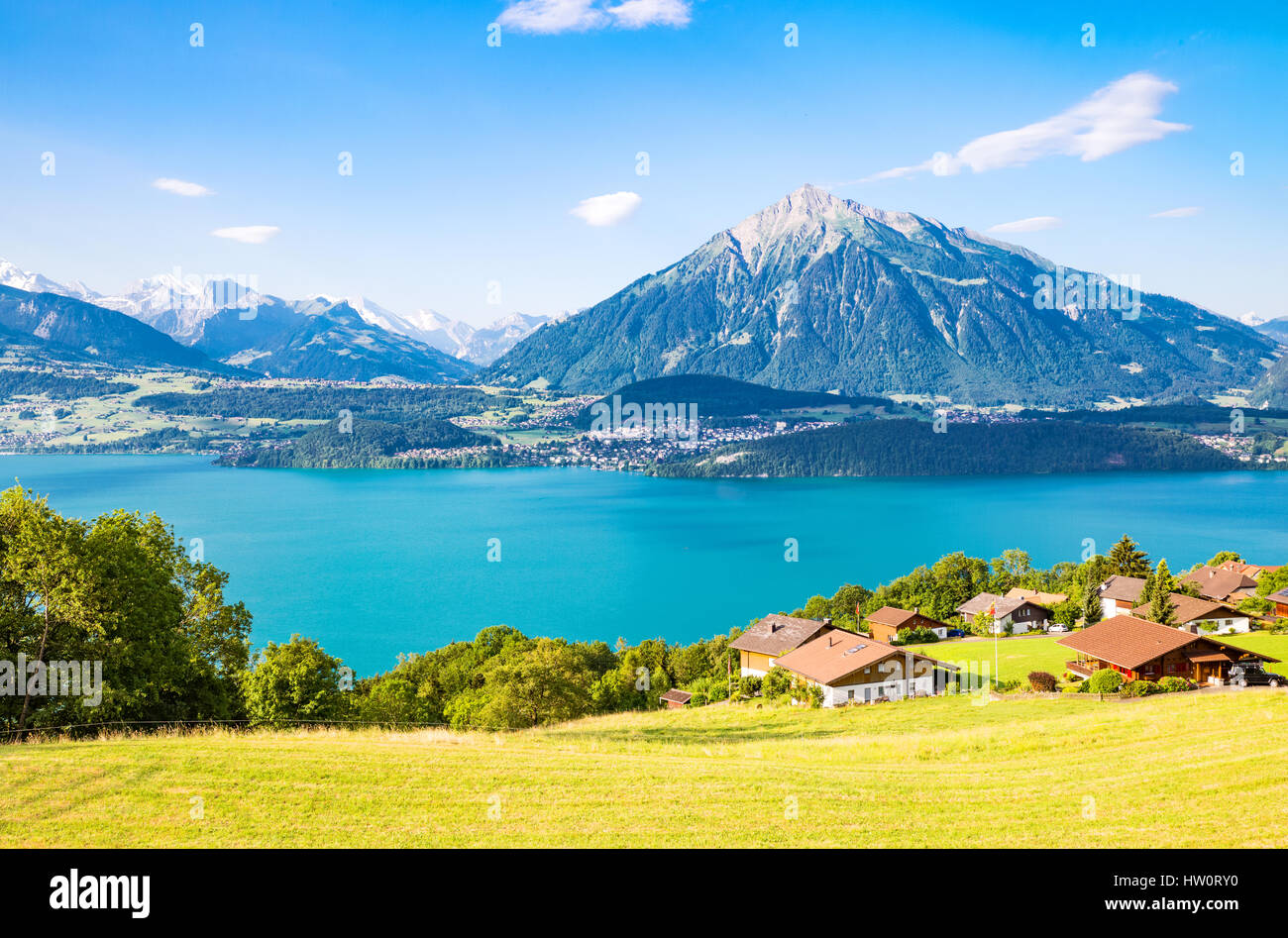 Switzerland, view of the Thun lake from the hills of Merlingen Stock Photo