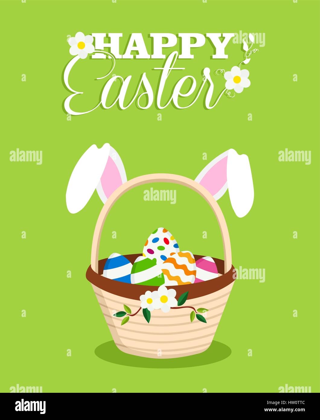 Happy Easter holiday celebration design with egg basket and white rabbit ears on spring time. EPS10 vector. Stock Vector