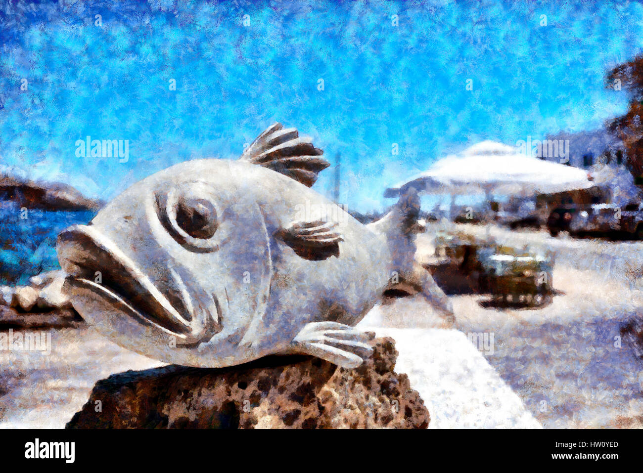Statue of a fish at Panormos port, Tinos island, Greece Stock Photo - Alamy