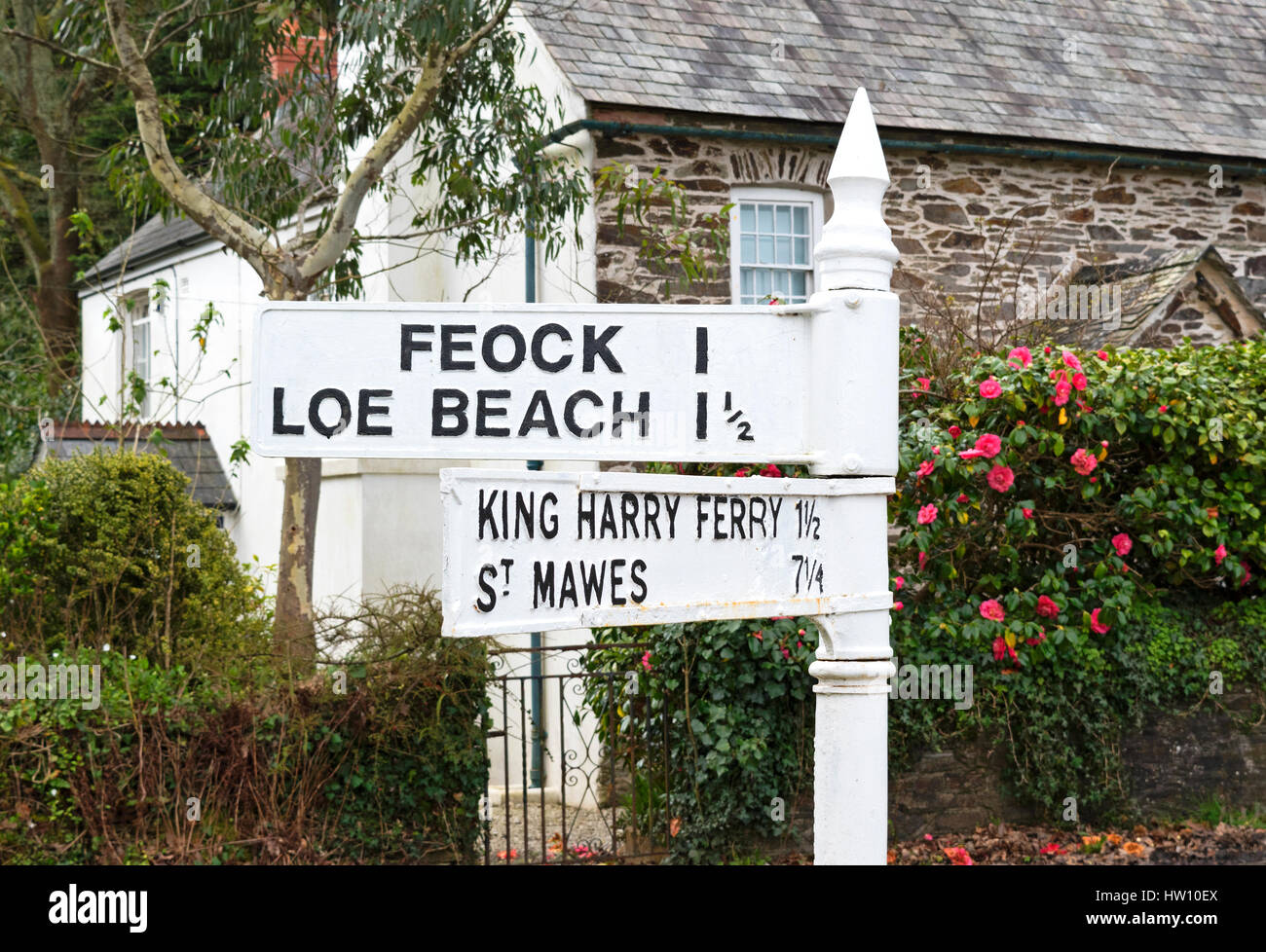 Direction road signpost to villages in Cornwall, England, UK. Stock Photo