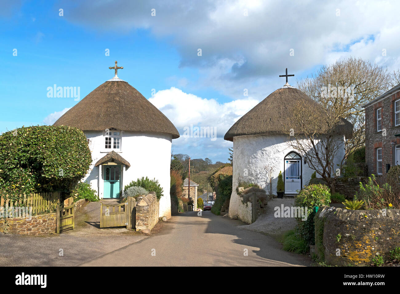 Roundhouses in the village of Veryan, Cornwall, England, UK. Stock Photo