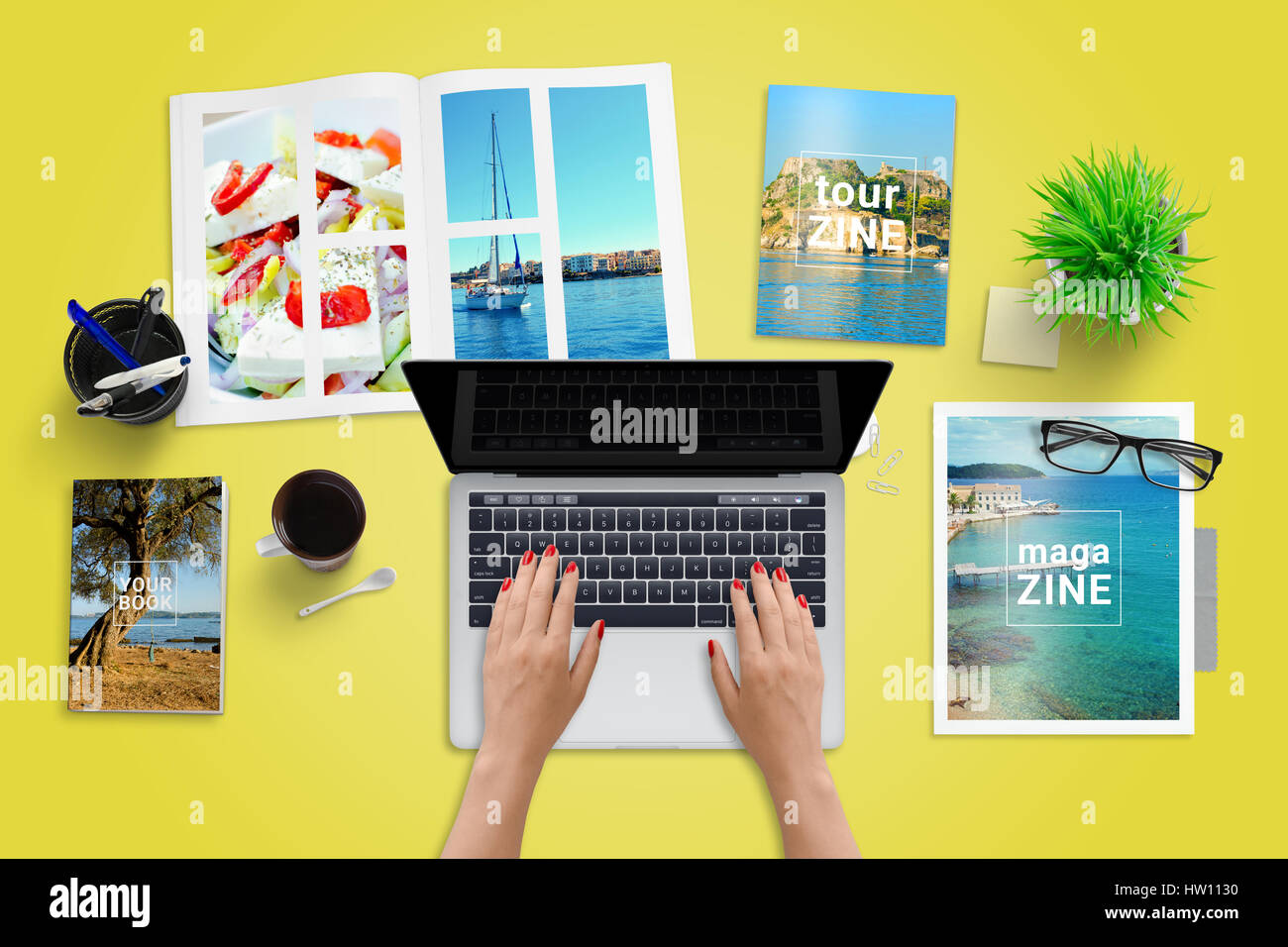 Travel reporter, journalist write blog or newspaper article on laptop