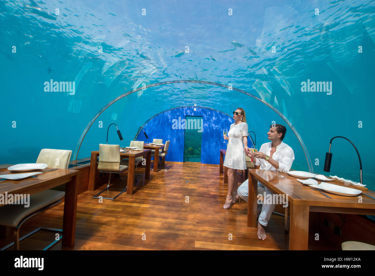 Maldives, Rangali Island. Conrad Hilton Resort. Couple in Ithaa underwater restaurant (MR). Stock Photo