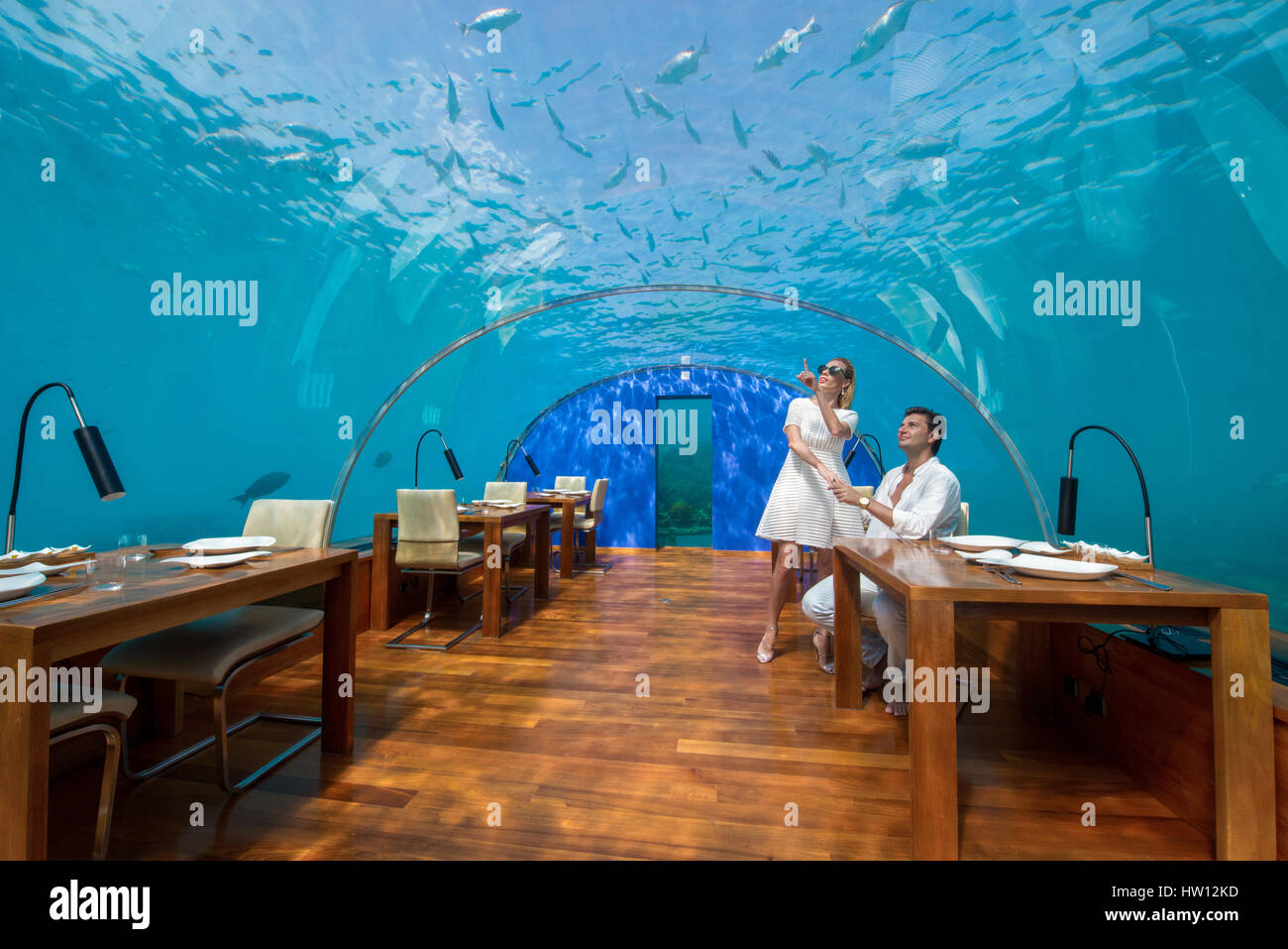 Maldives, Rangali Island. Conrad Hilton Resort. Couple in Ithaa underwater restaurant (MR). Stock Photo