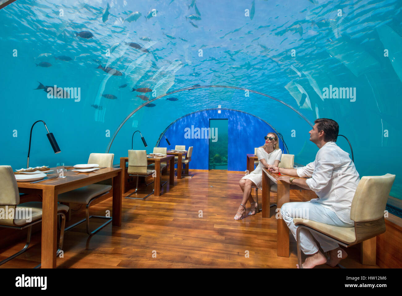 Maldives, Rangali Island. Conrad Hilton Resort. Couple in Ithaa underwater restaurant (MR). Stock Photo