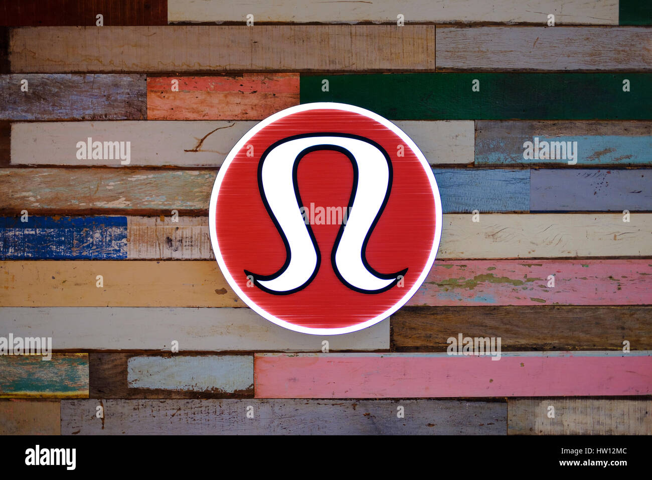 Lululemon Athletica logo, neon logo, store sign, Canadian athletic apparel retailer, clothing store at Masonville Place, London, Ontario, Canada. Stock Photo