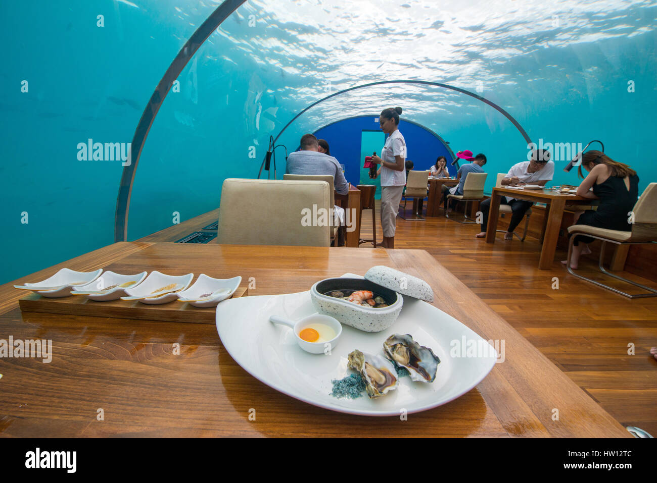 Maldives, Rangali Island. Conrad Hilton Resort. Ithaa, underwater restaurant. Stock Photo