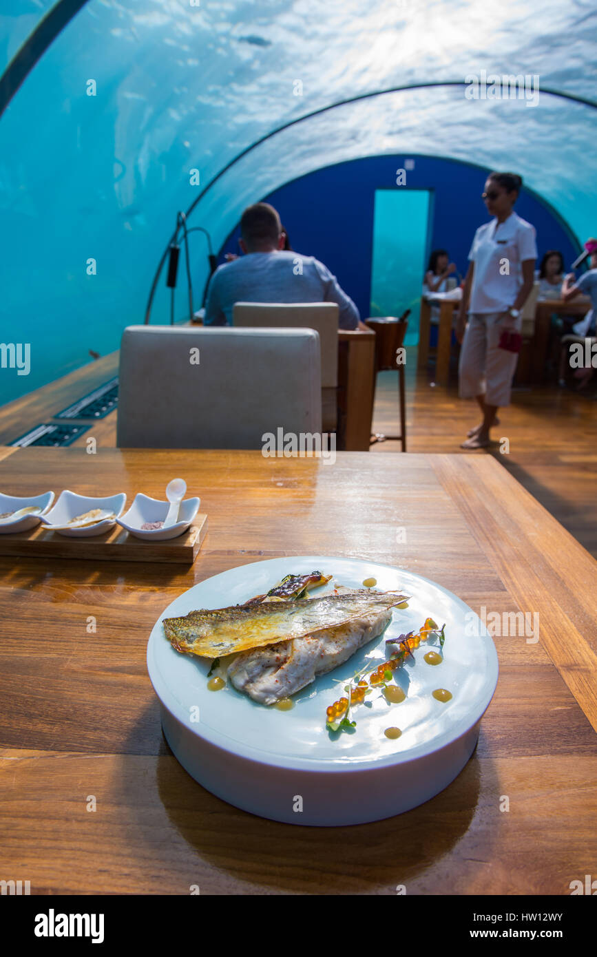 Maldives, Rangali Island. Conrad Hilton Resort. Sea Bream fish served at Ithaa underwater restaurant. Stock Photo